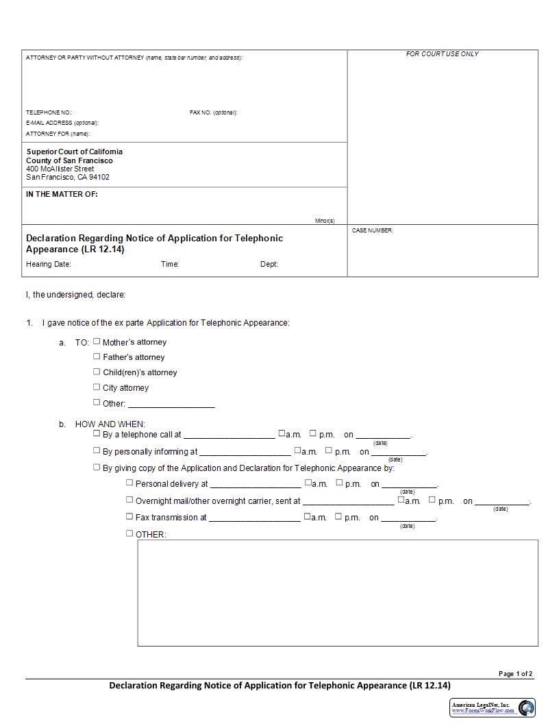 Declaration Regarding Notice Of Application For Telephonic Appearance (LRSF 12.14) | Pdf Fpdf Docx | California