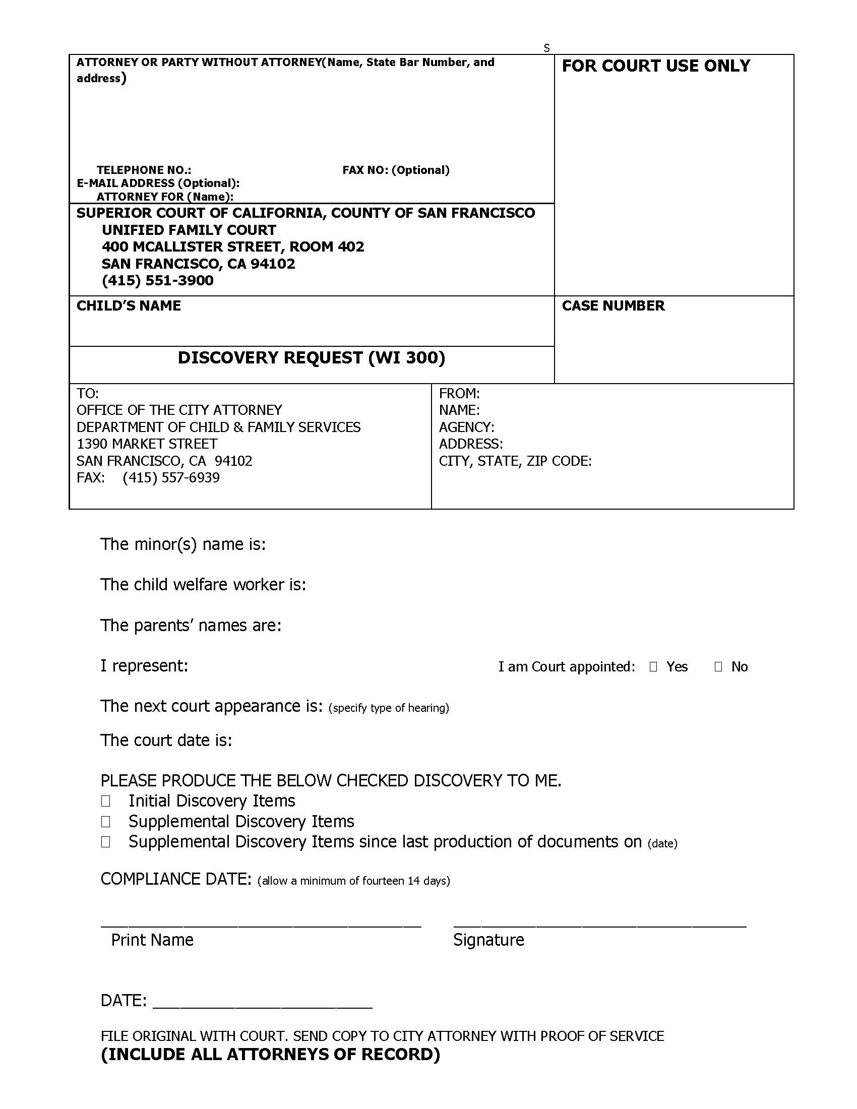 Discovery Request (WI 300) {SFUFC 12.9} | Pdf Fpdf Docx | California