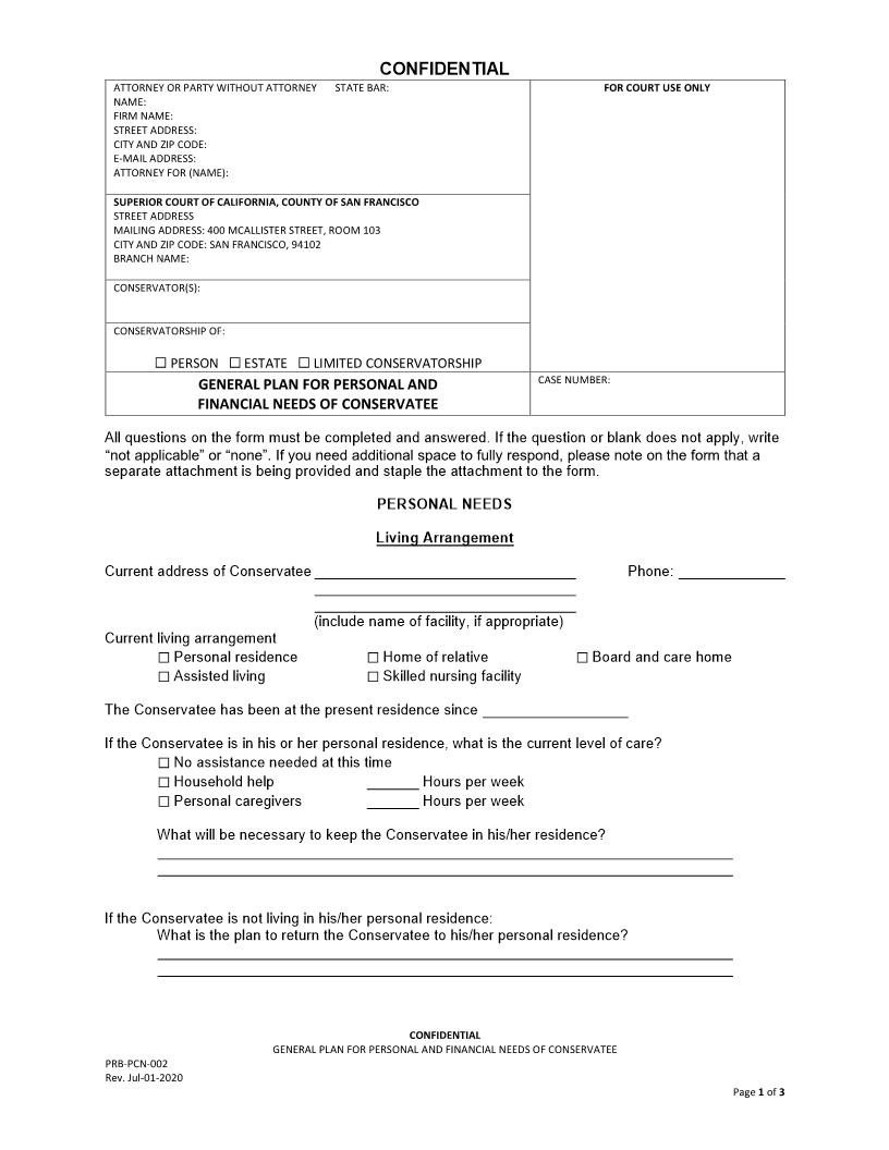 General Plan For Personal And Financial Needs Of Conservatee {PRB-PCN-002} | Pdf Fpdf Doc Docx | California