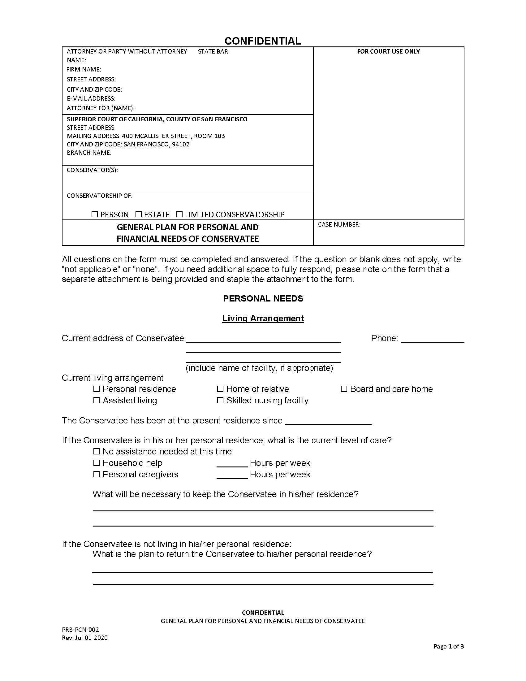 General Plan For Personal And Financial Needs Of Conservatee {PRB-PCN-002} | Pdf Fpdf Doc Docx | California