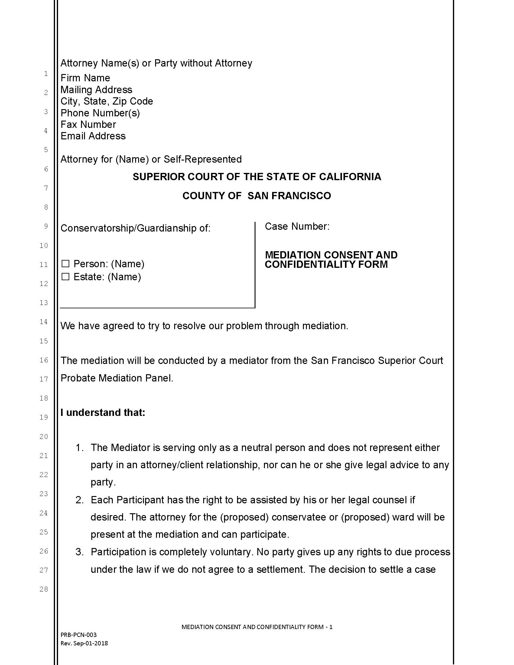 Mediation Consent And Confidentiality Form {PRB-PCN-003} | Pdf Fpdf Docx | California