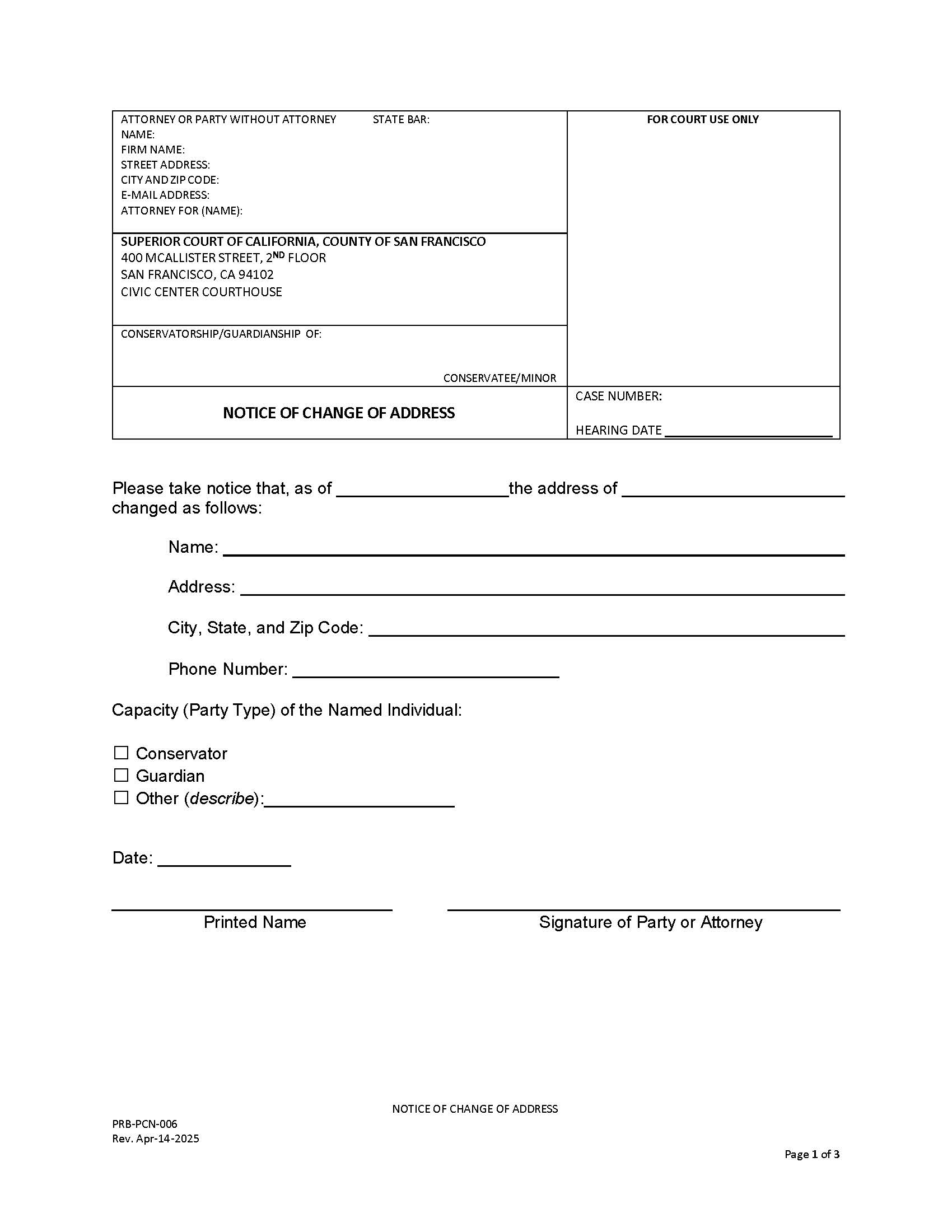 Notice Of Change Of Address {PRB-PCN-006} | Pdf Fpdf Docx | California