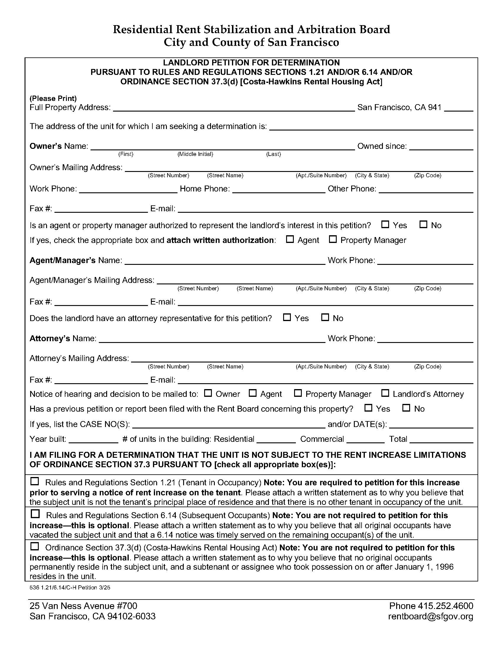 Landlord Petition For Determination (Section 1.21 (Tenant In Occupancy)) {536} | Pdf Fpdf Doc Docx | California