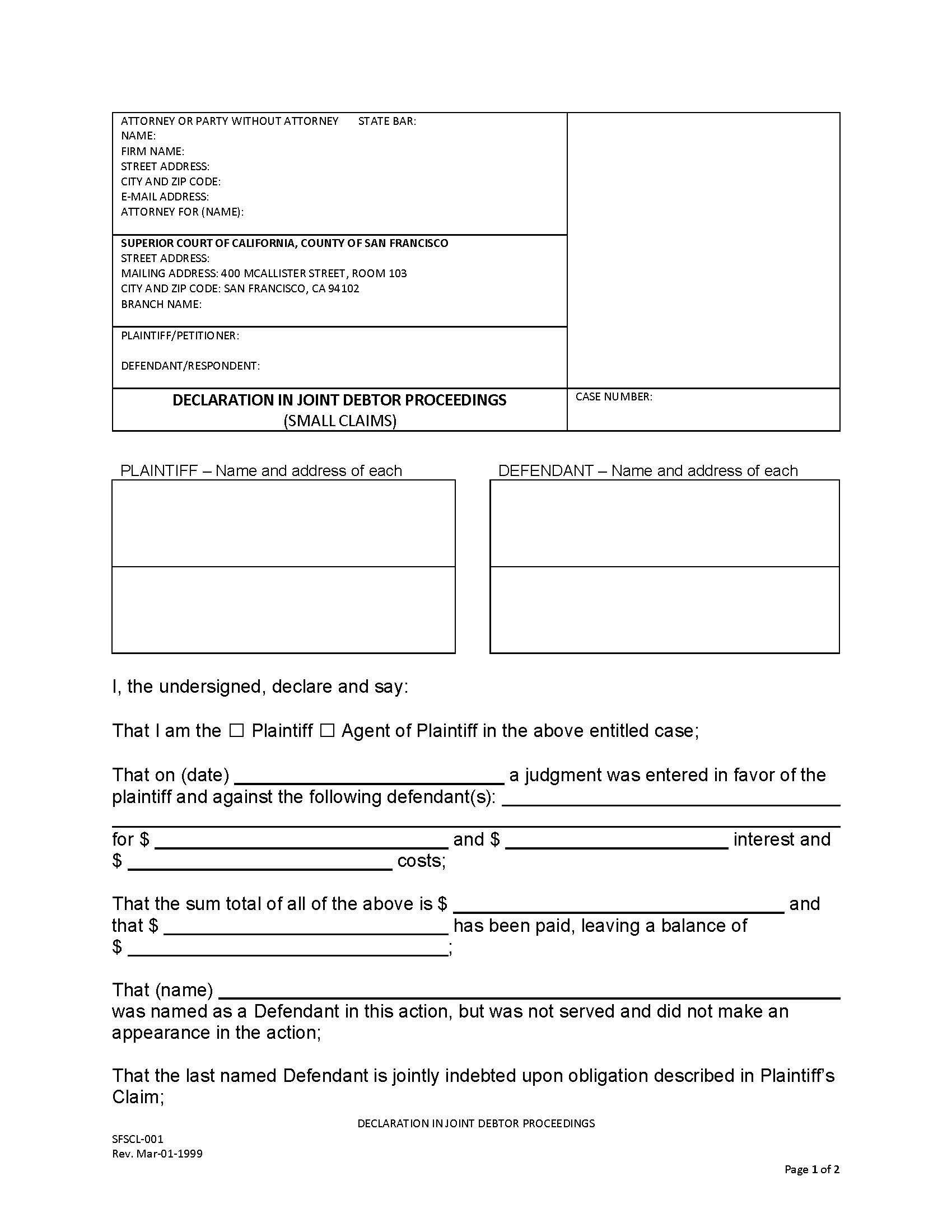 Small Claims Declaration In Joint Debtor Proceedings {SFSCL-001} | Pdf Fpdf Docx | California