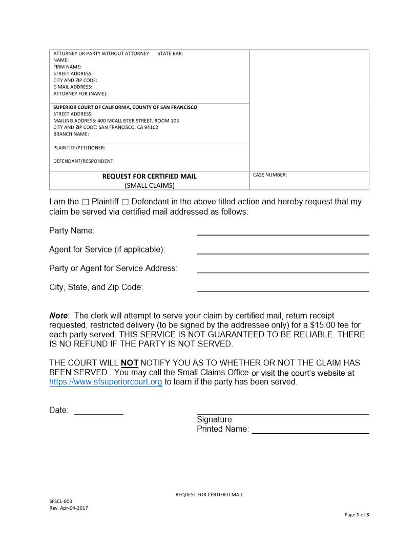 Small Claims Request For Certified Mail {SFSCL-004} | Pdf Fpdf Docx | California