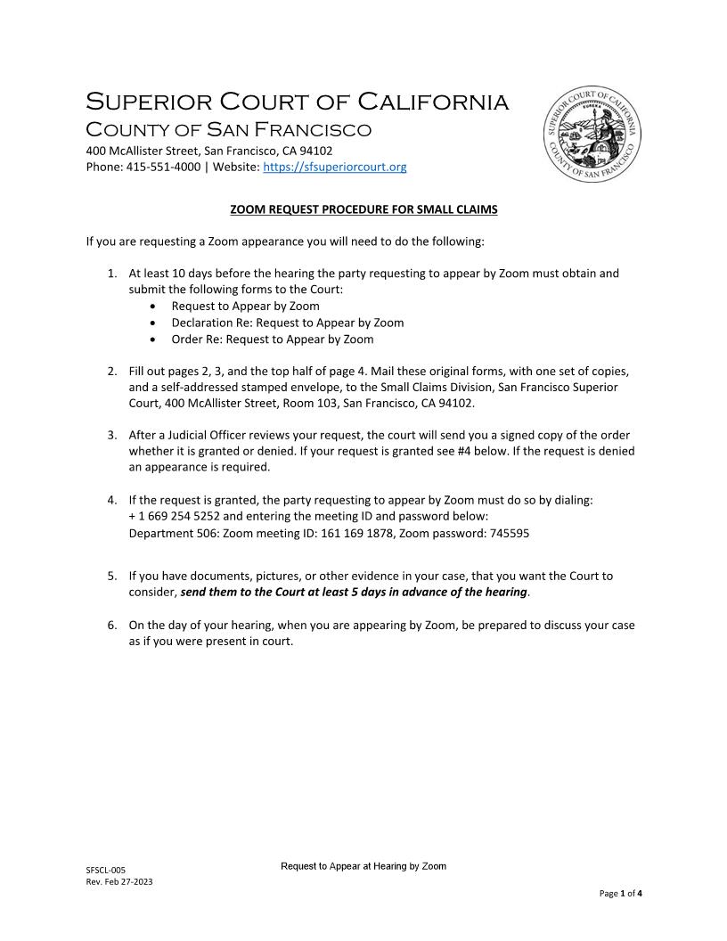 Zoom Request Procedure For Small Claims {SFSCL-005} | Pdf Fpdf Doc Docx | California