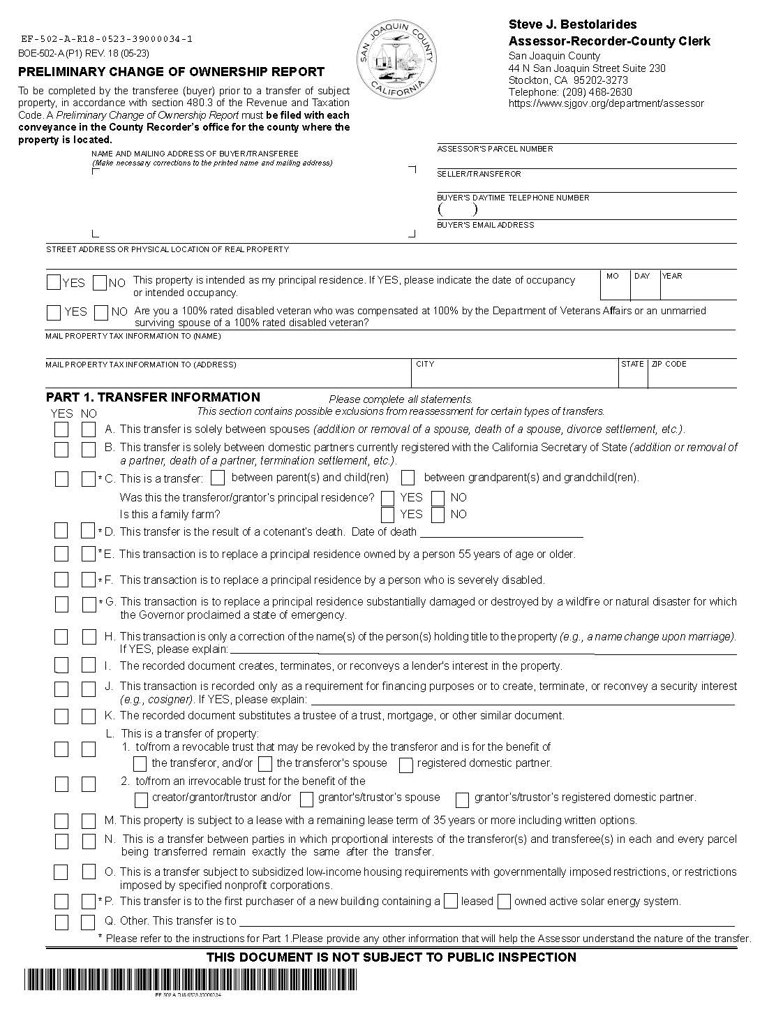 Preliminary Change Of Ownership Report (San Joaquin) {BOE-502-A} | Pdf Fpdf Docx | California
