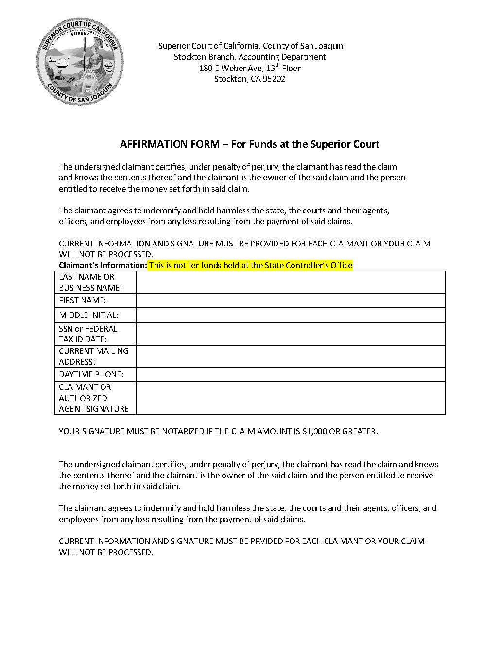 Affirmation Form | Pdf Fpdf Docx | California