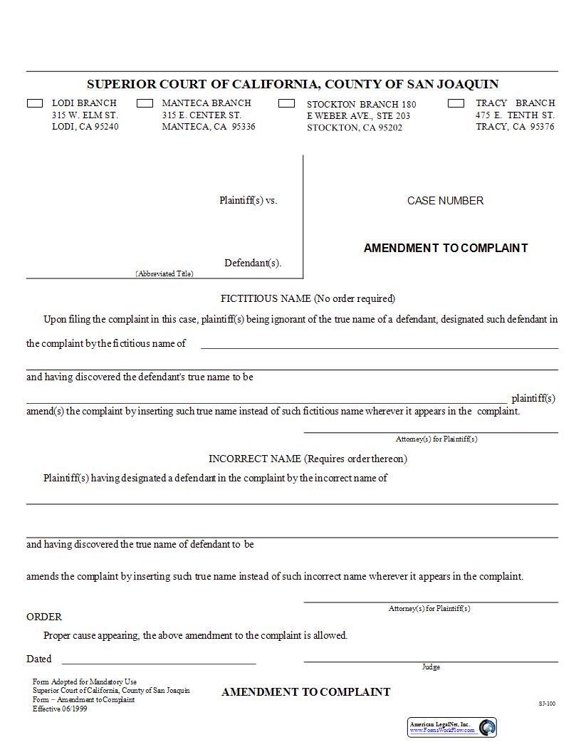 Amendment To Complaint {SJ-100} | Pdf Fpdf Docx | California