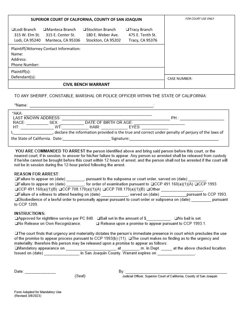 Civil Bench Warrant {Sup. Ct. 2} | Pdf Fpdf Docx | California
