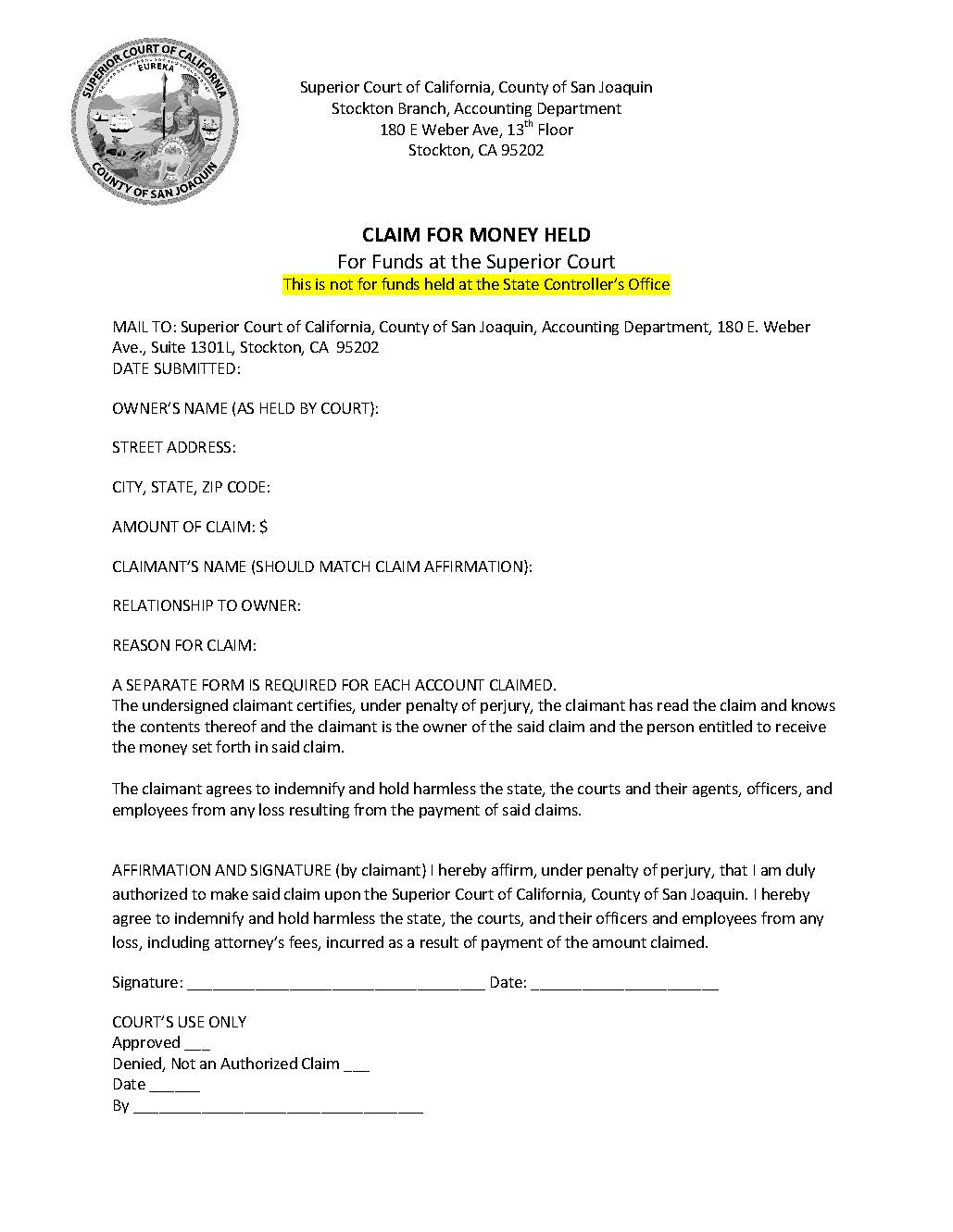 Claim For  Money Held | Pdf Fpdf Docx | California