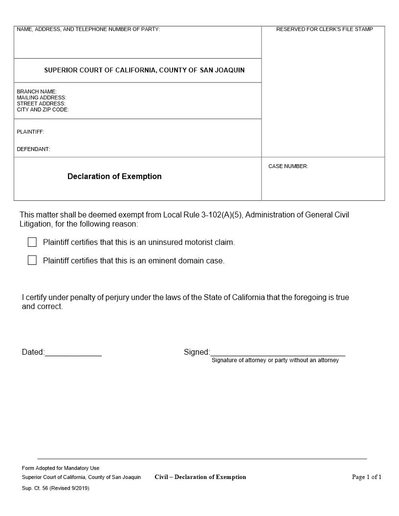 Declaration Of Exemption {Sup. Ct. 56} | Pdf Fpdf Docx | California