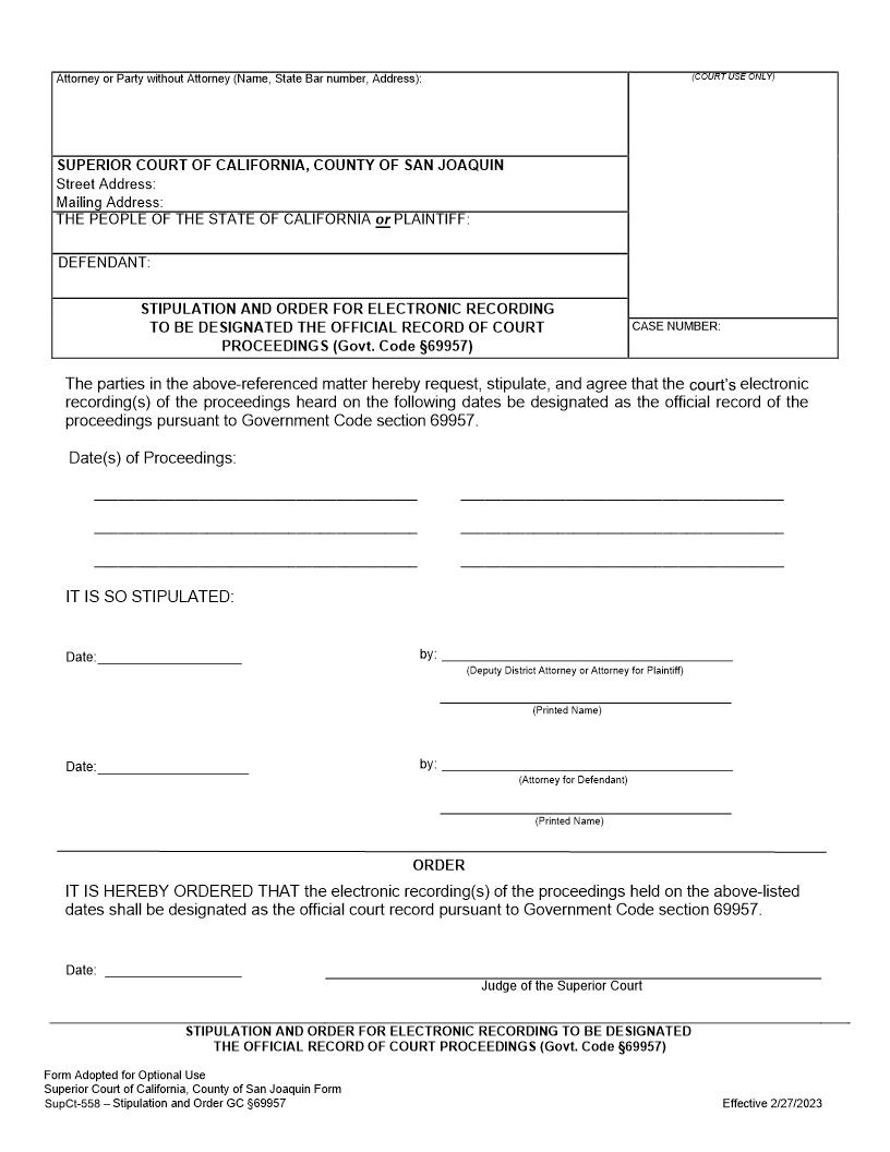 Electronic Recording Stipulation And Order {Sup. Ct. 558} | Pdf Fpdf Docx | California