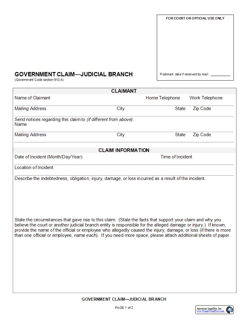 Government Claim-Judicial Branch (San Joaquin) | Pdf Fpdf Docx | California