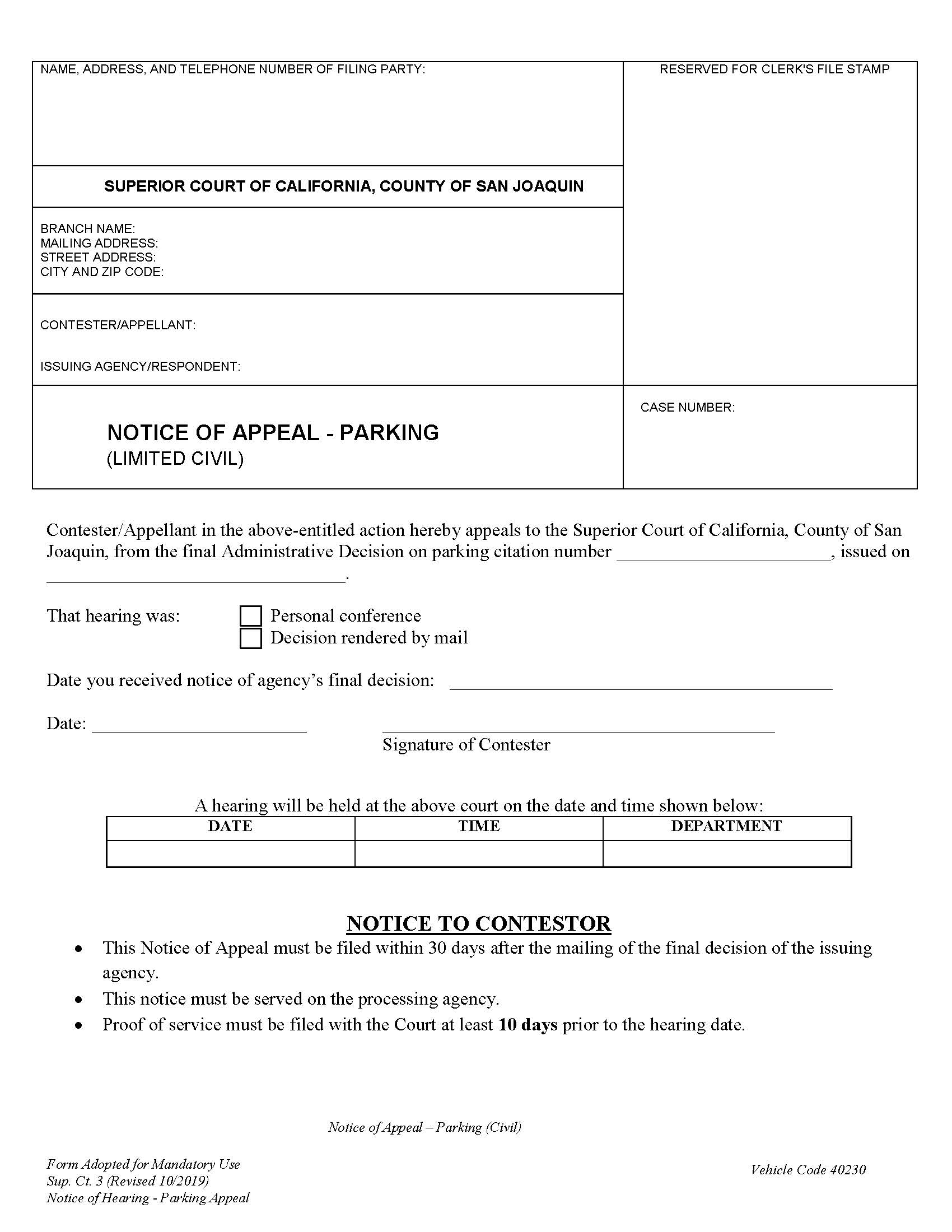 Notice Of Appeal-Parking (Civil) {Sup. Ct. 3} | Pdf Fpdf Docx | California