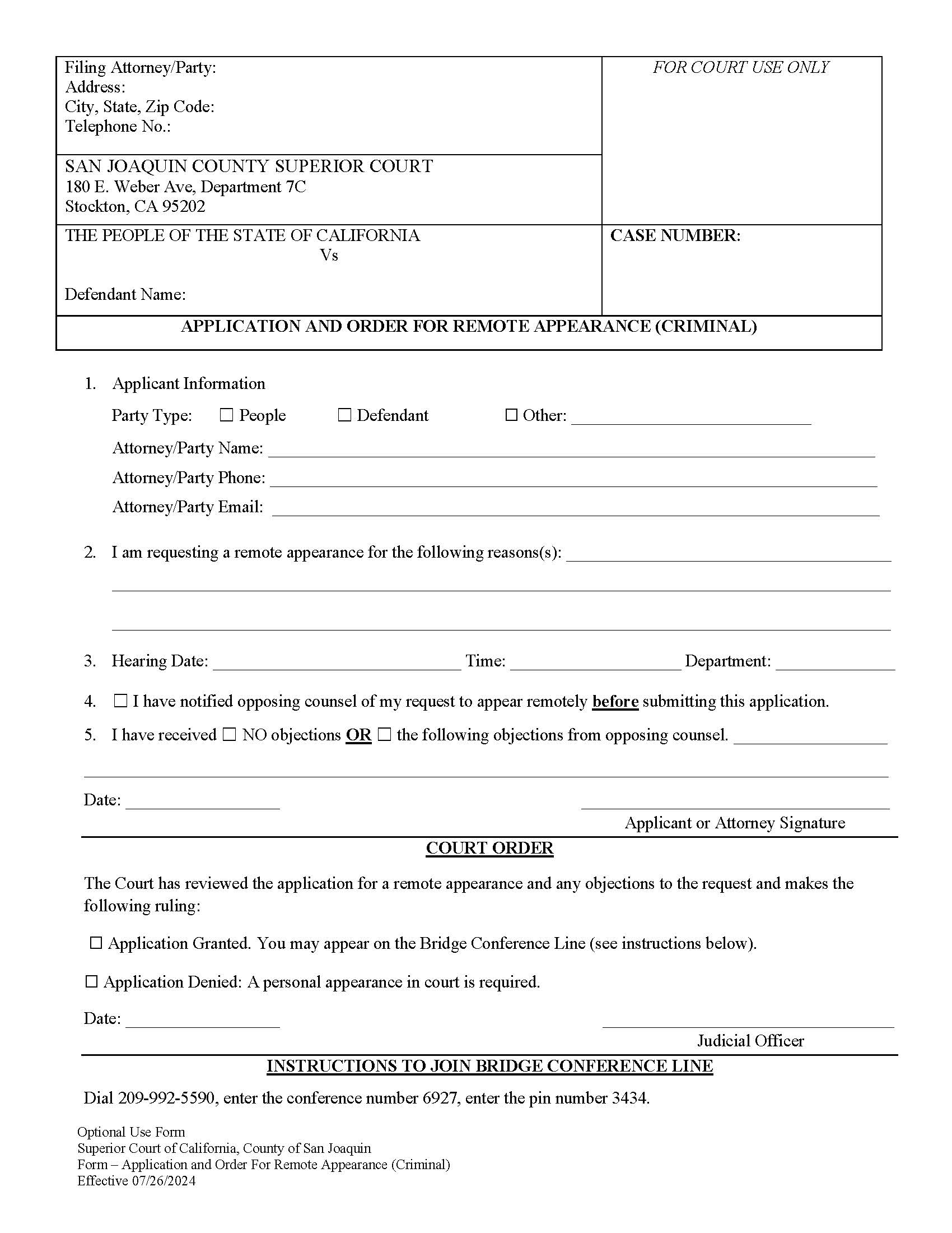 Application And Order For Remote Appearance | Pdf Fpdf Docx | California