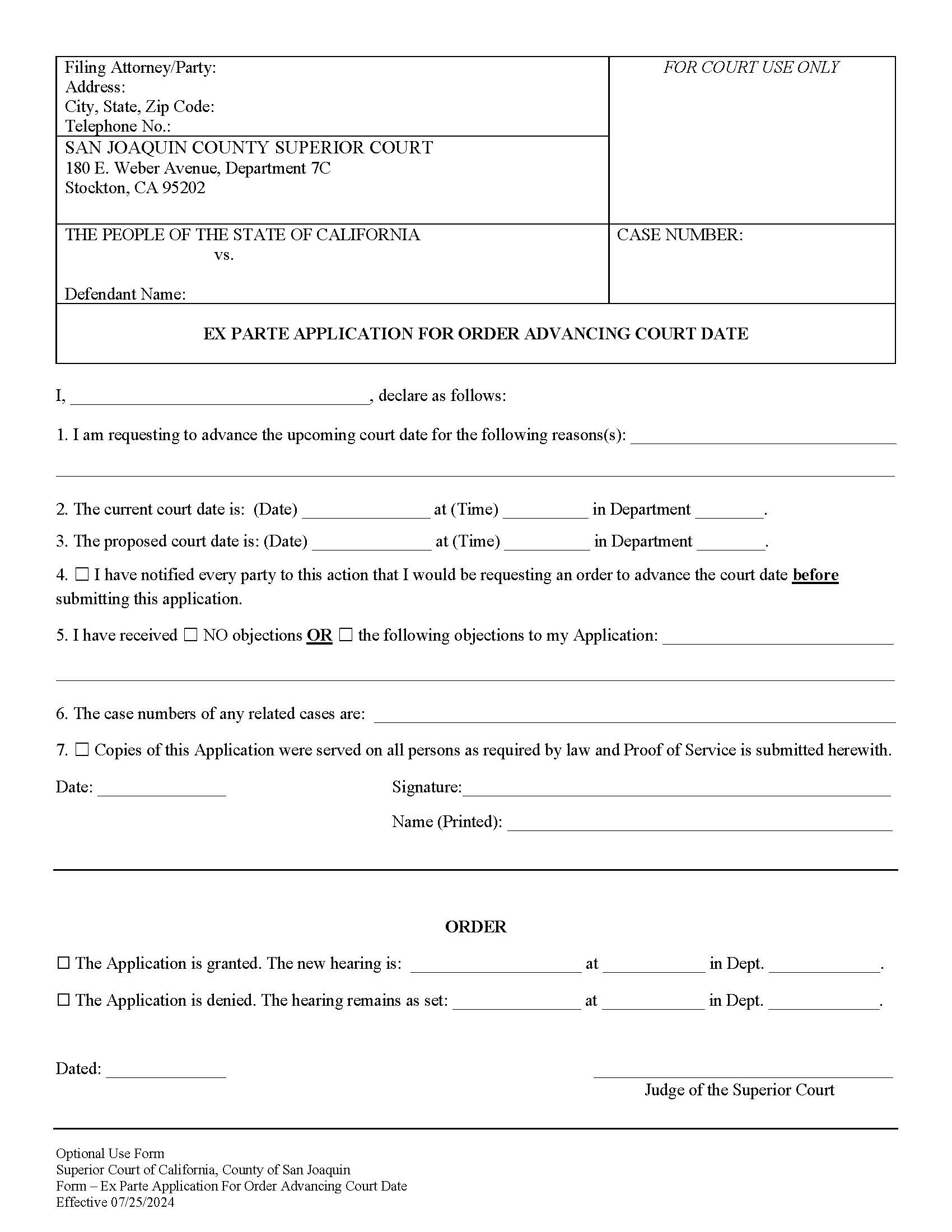 Application For Advancing Court Date (Ex Parte) | Pdf Fpdf Docx | California