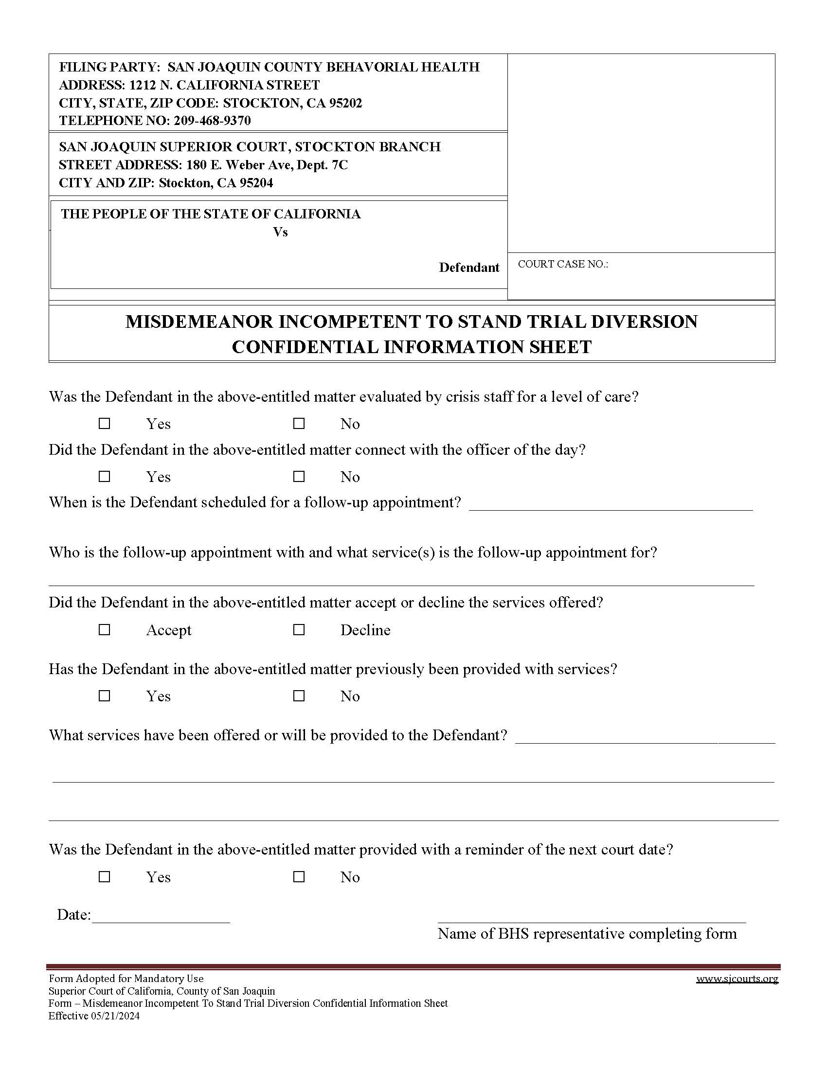 Misdemeanor Incompetent To Stand Trial Diversion Confidential Information Sheet | Pdf Fpdf Docx | California