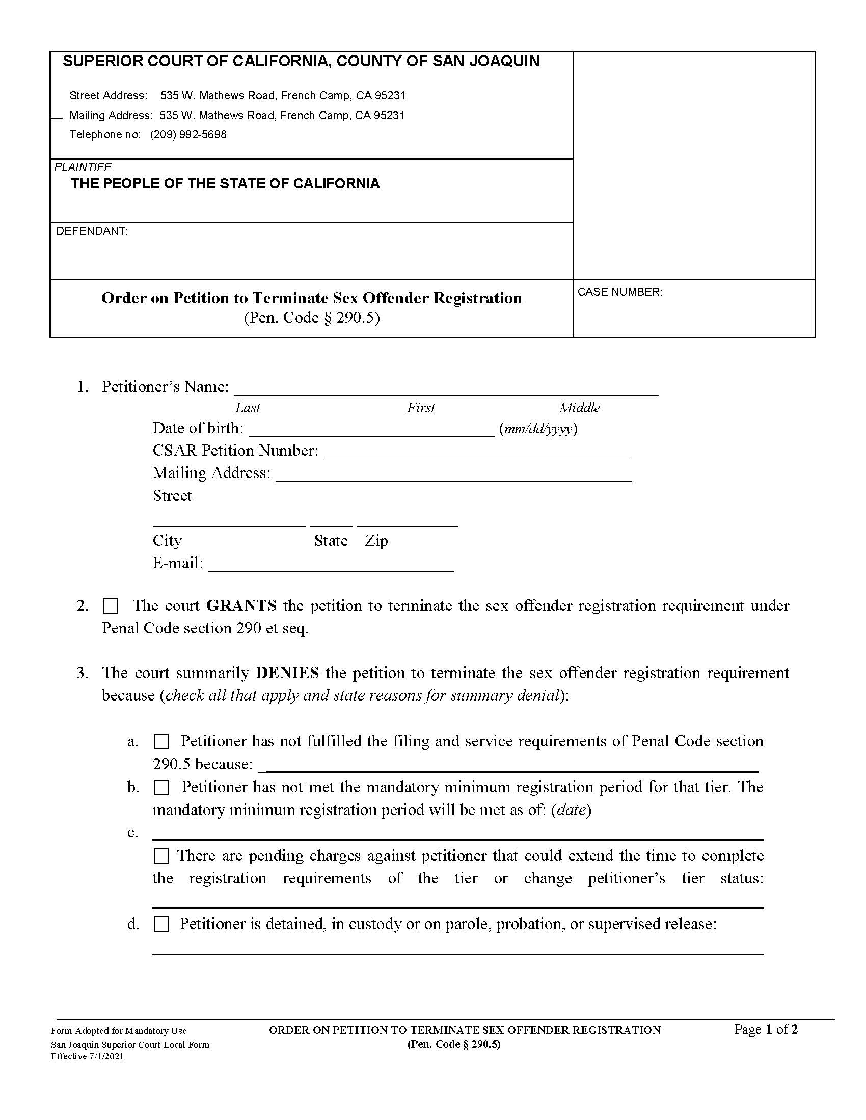 Order On Petition To Terminate Sex Offender Registration (San Joaquin) | Pdf Fpdf Docx | California