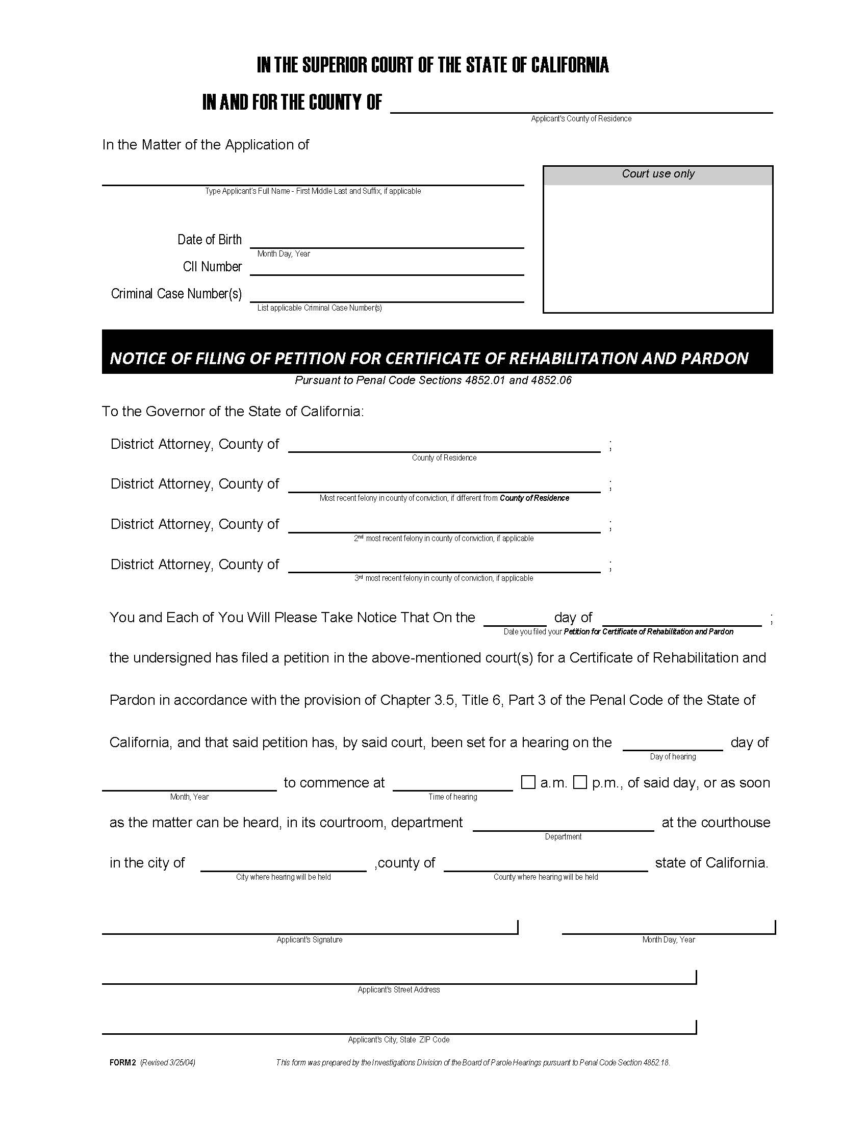 Packet For Certificate For Rehabilitation Or Pardon (Notice Of Filing Of Petition) {2} | Pdf Fpdf Doc Docx | California