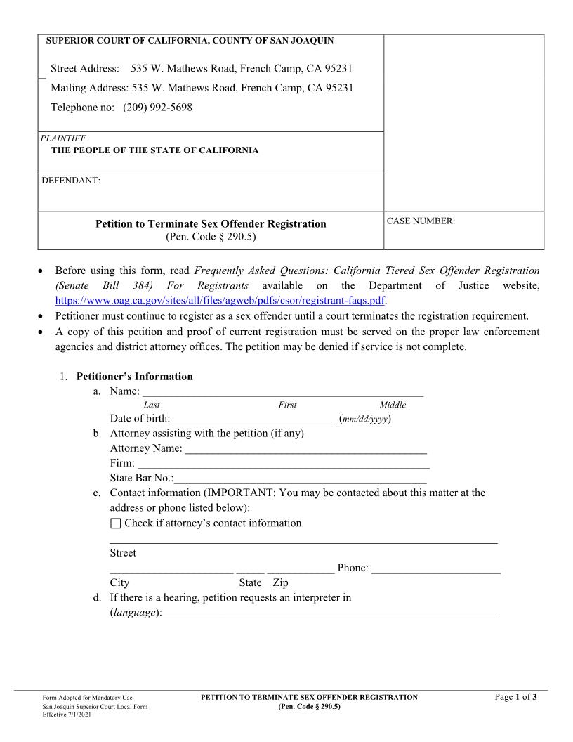 Petition To Terminate Sex Offender Registration (San Joaquin) | Pdf Fpdf Docx | California