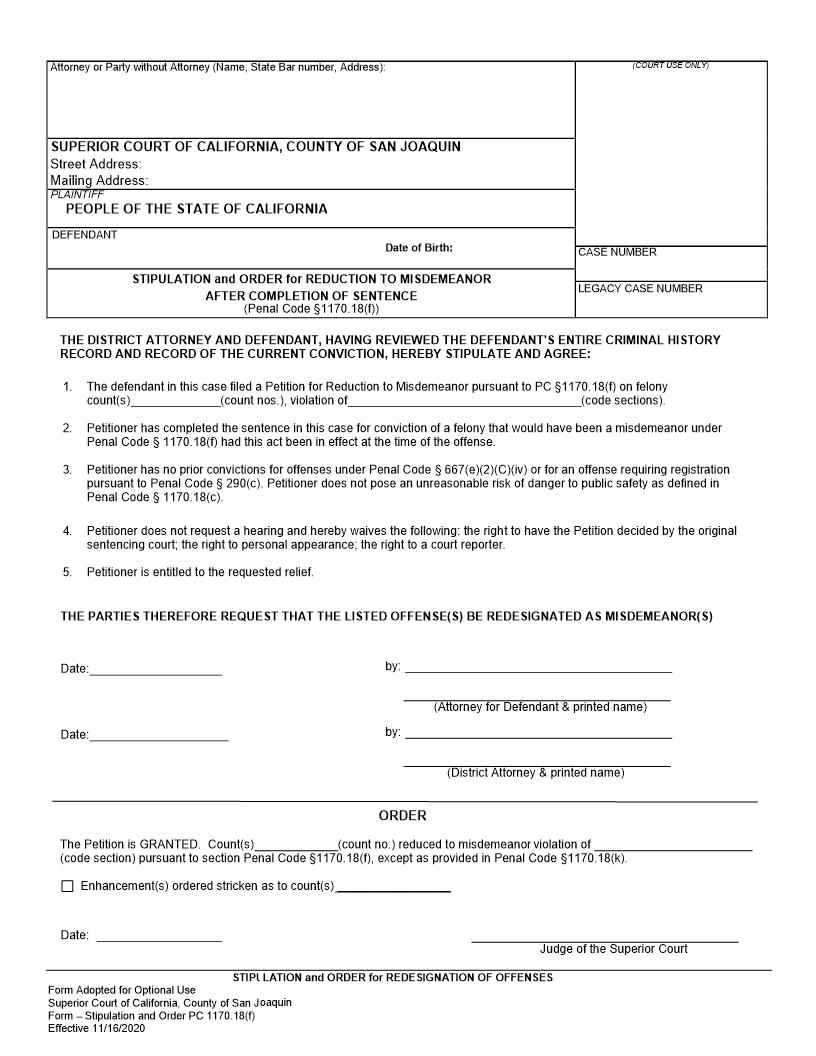 Stipulation And Order For Redesignation Of Offenses {PROP47} | Pdf Fpdf Docx | California