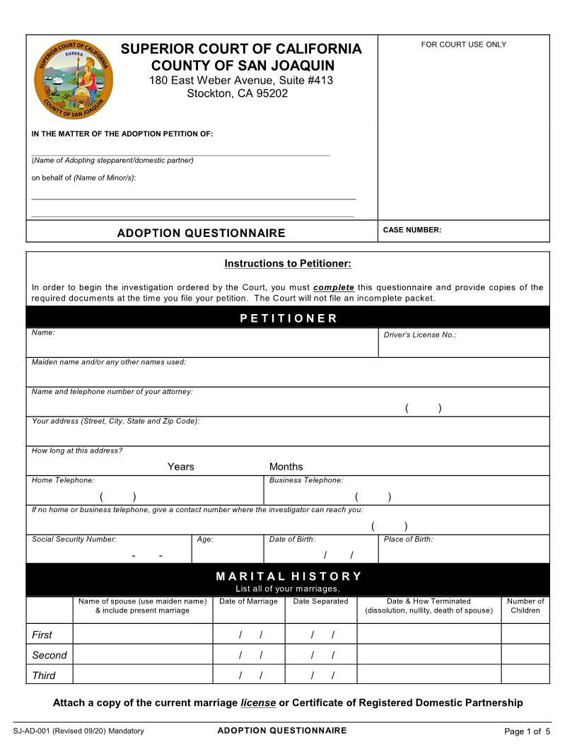 Adoption Questionnaire {SJ-AD-001} | Pdf Fpdf Docx | California