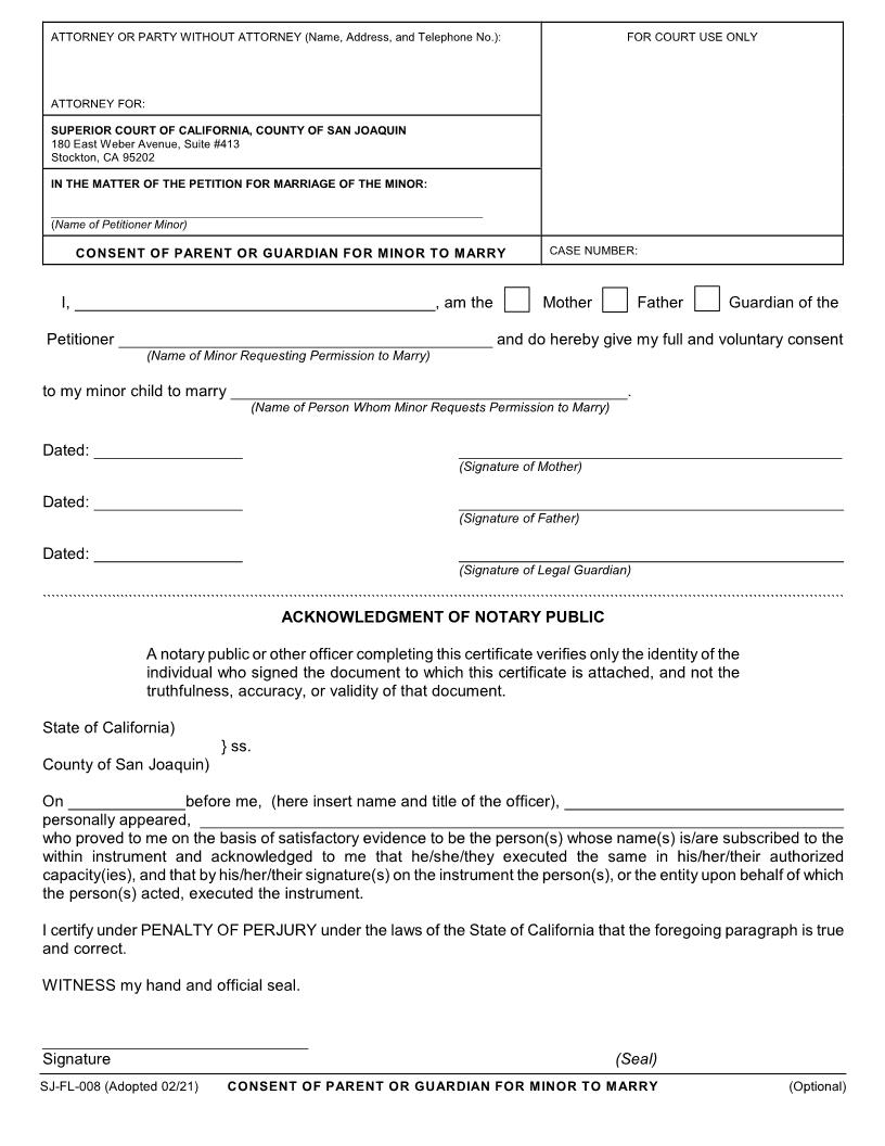 Consent Of Parent Or Guardian For Minor To Marry {SJ-FL-008} | Pdf Fpdf Docx | California
