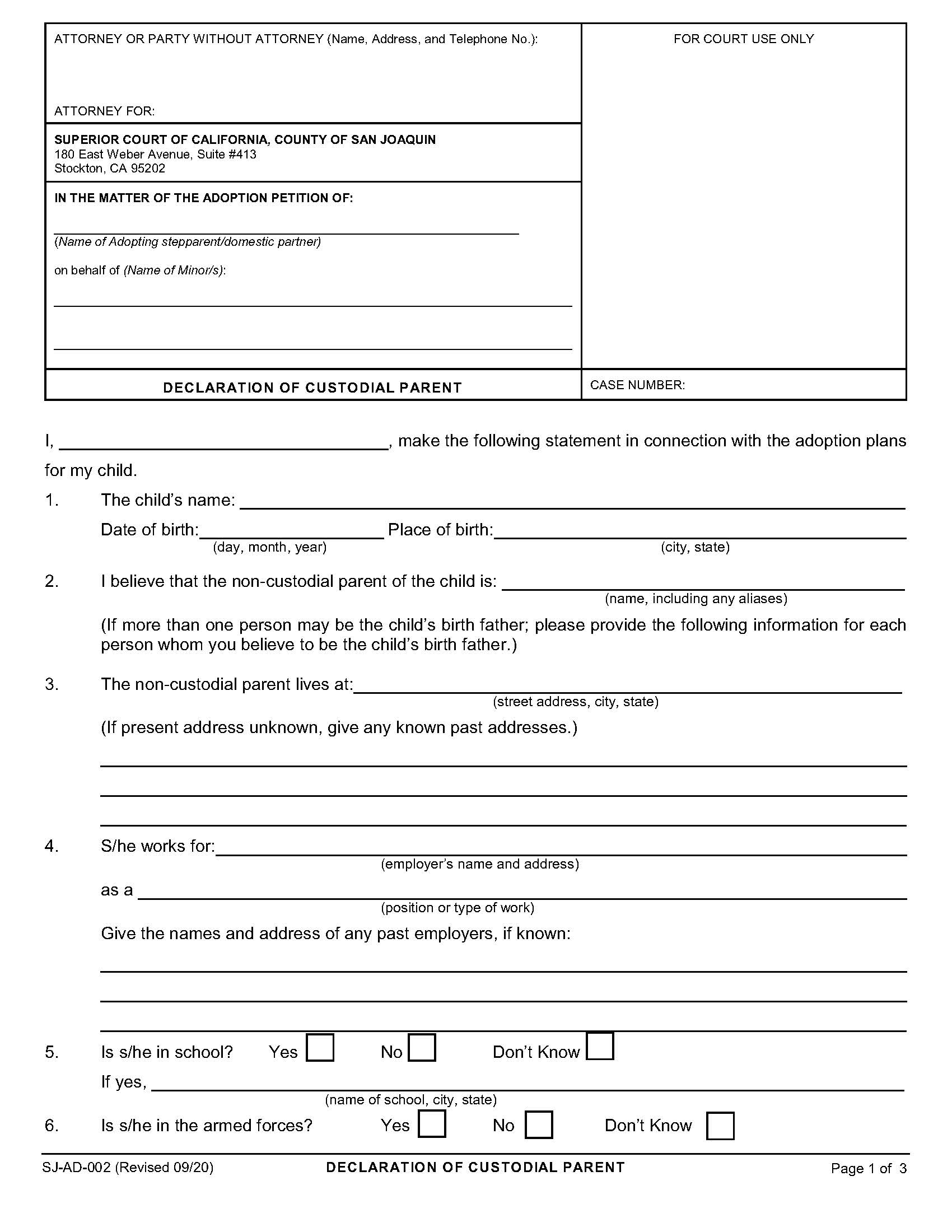 Declaration Of Custodial Parent {SJ-AD-002} | Pdf Fpdf Docx | California