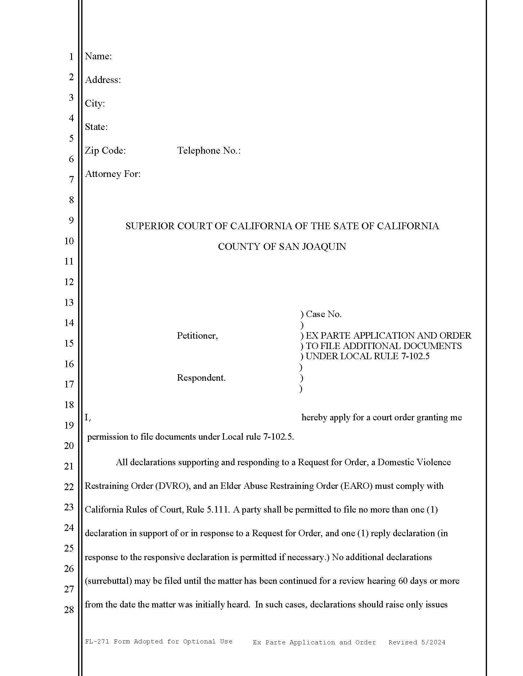 Ex Parte Application And Order To File Additional Documents Under Local Rule 7-102.5 {FL-271} | Pdf Fpdf Docx | California