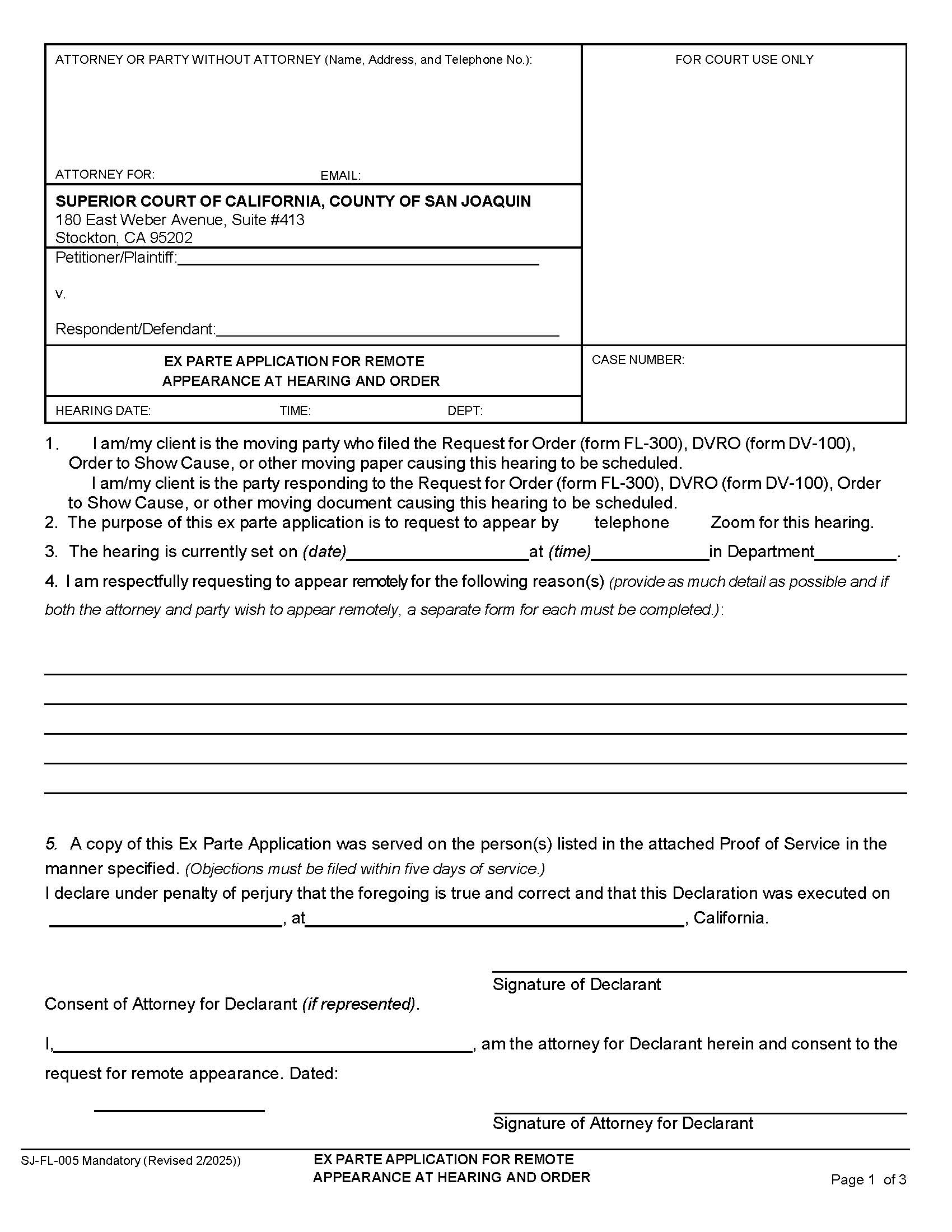 Ex Parte Application For Telephonic Appearance At Hearing And Order {SJ-FL-005} | Pdf Fpdf Docx | California