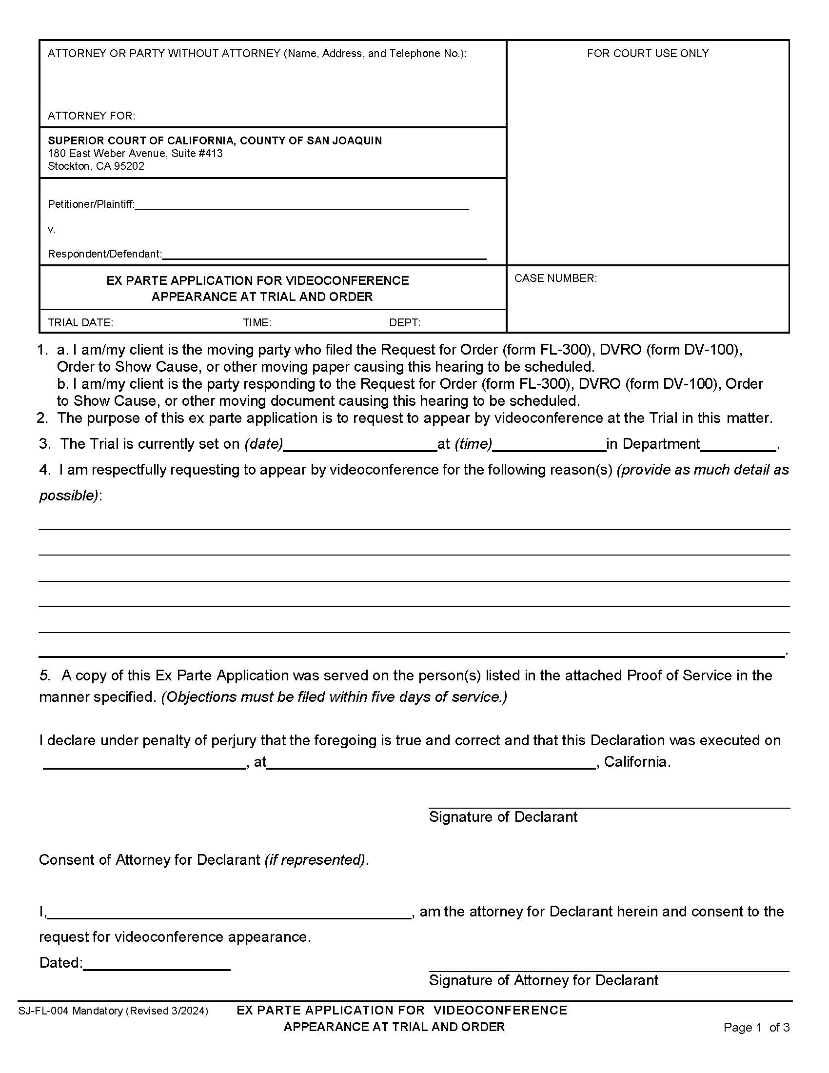 Ex Parte Application For Video Conference Appearance At Trial {SJ-FL-004} | Pdf Fpdf Docx | California