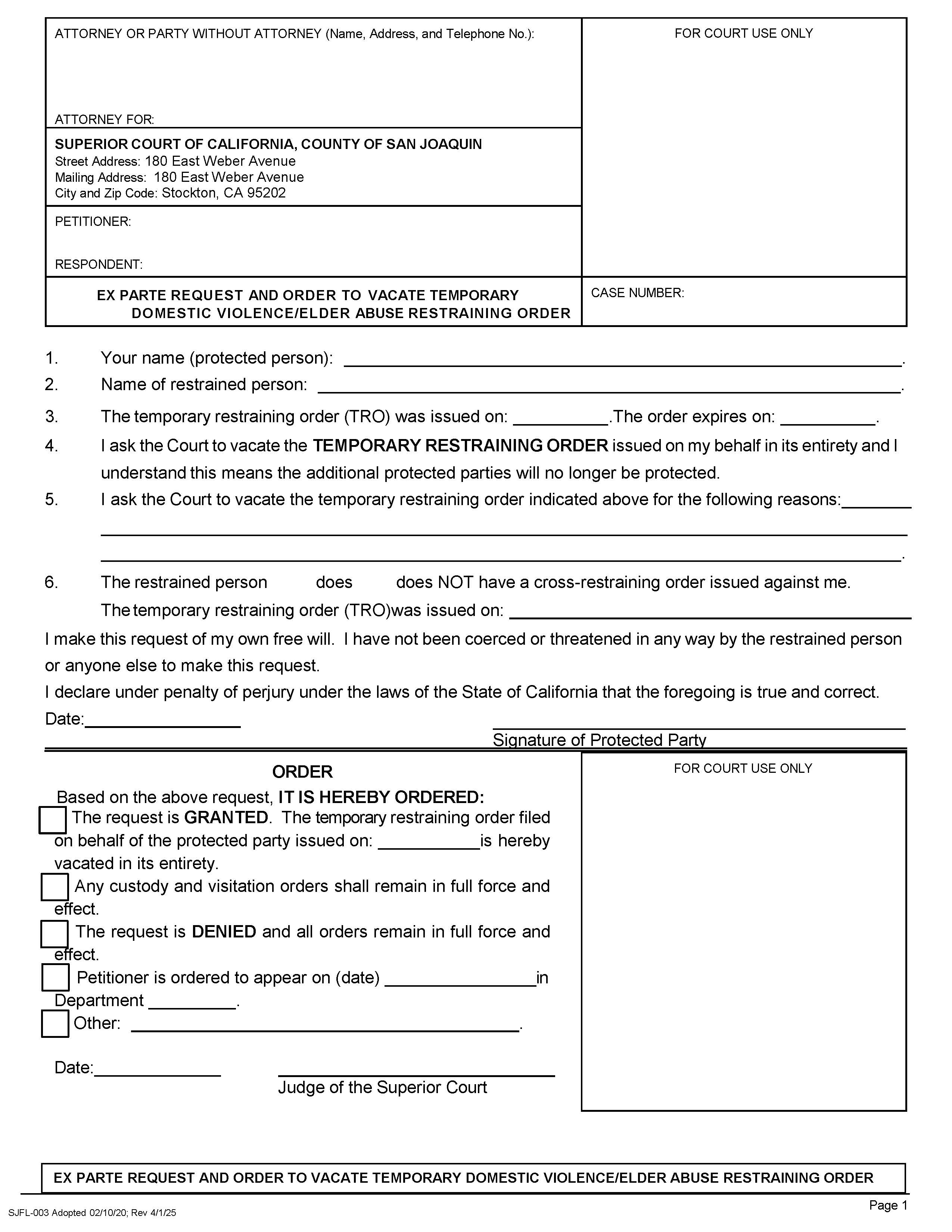 Ex Parte Request And Order To Vacate DV-Elder Abuse RO {SJ-FL-003} | Pdf Fpdf Docx | California