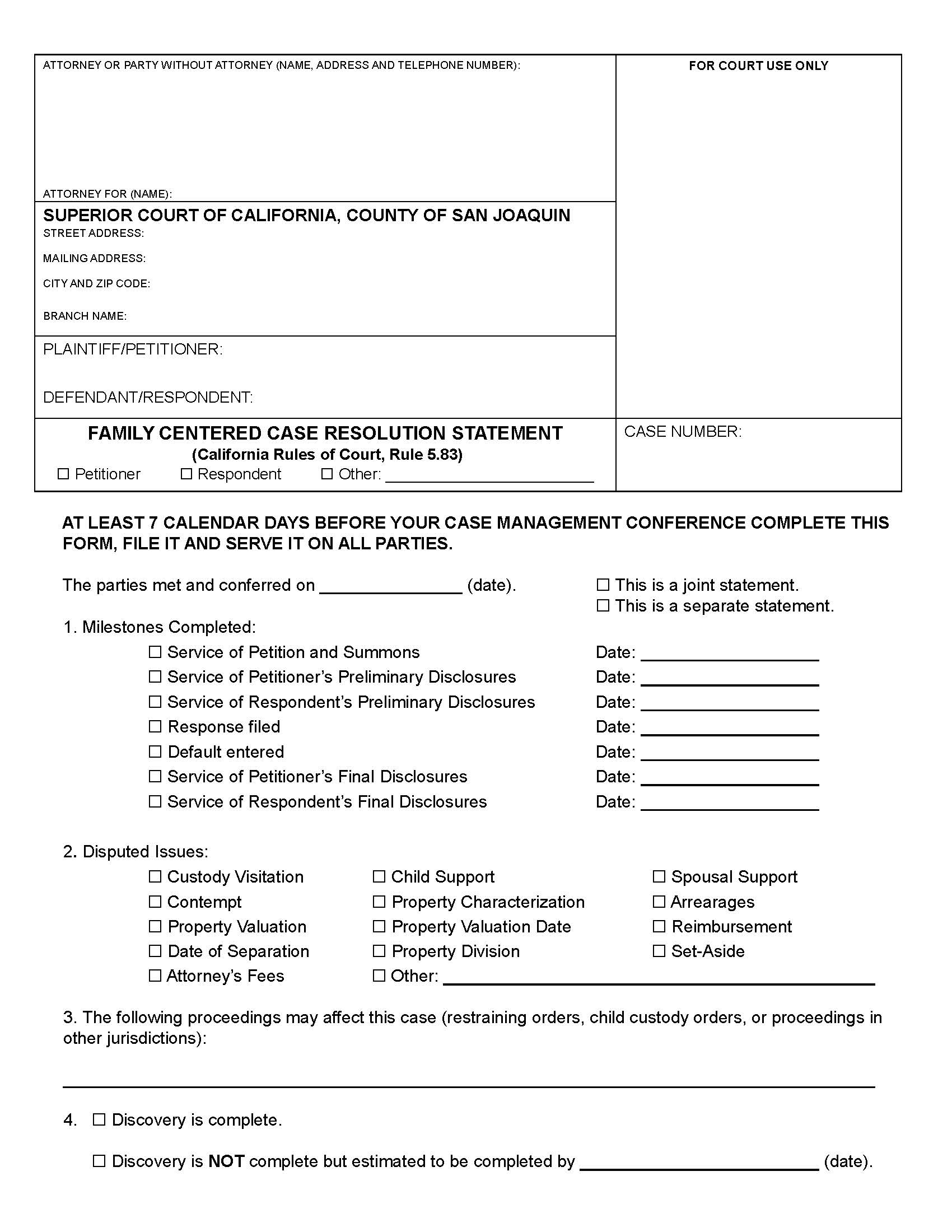 Family Centered Case Resolution Conference Statement {SJFL-011} | Pdf Fpdf Docx | California