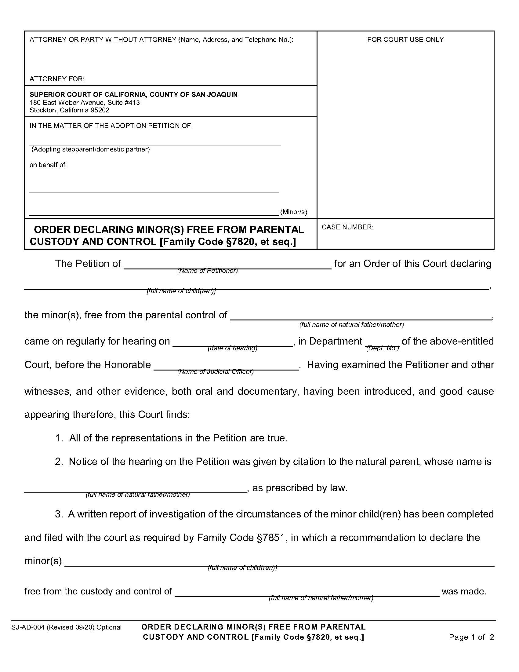 Order Declaring Minor Free From Parental Custody and Control {SJ-AD-004} | Pdf Fpdf Docx | California