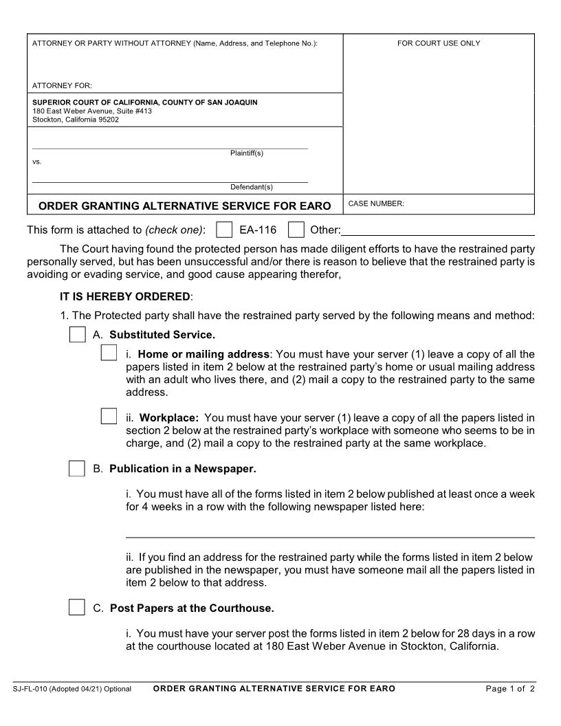 Order Granting Alternative Service For Elder Abuse Restraining Order {SJ-FL-010} | Pdf Fpdf Docx | California