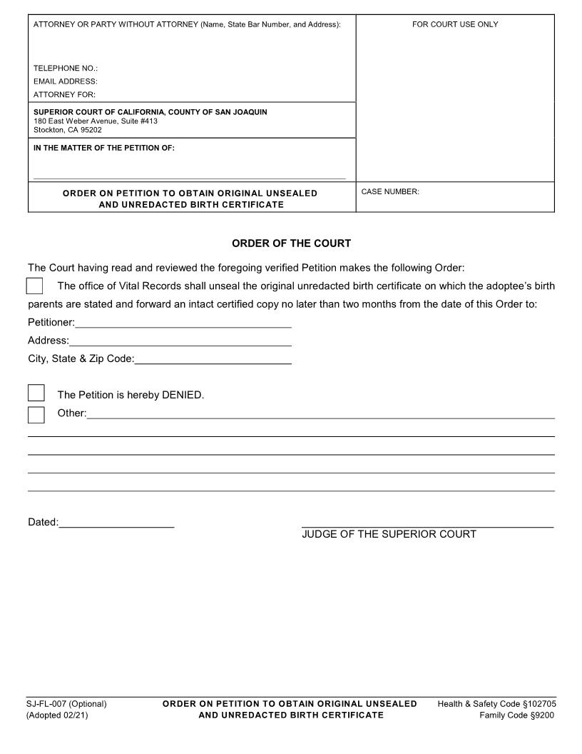Order On Petition To Obtain Original Unsealed And Unredacted Birth Certificate {SJ-FL-007} | Pdf Fpdf Docx | California
