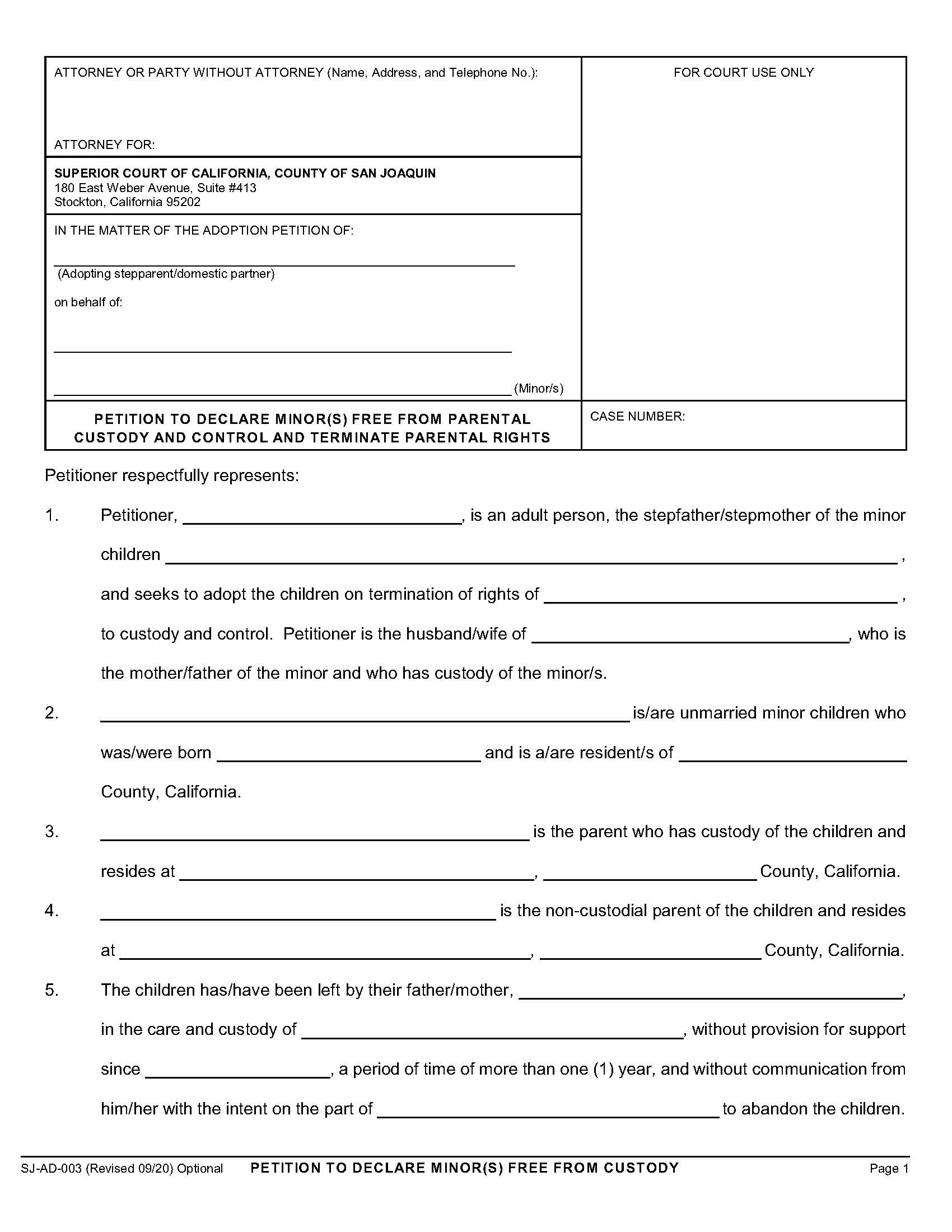 Petition To Declare Minor Free From Parental Custody {SJ-AD-003} | Pdf Fpdf Docx | California