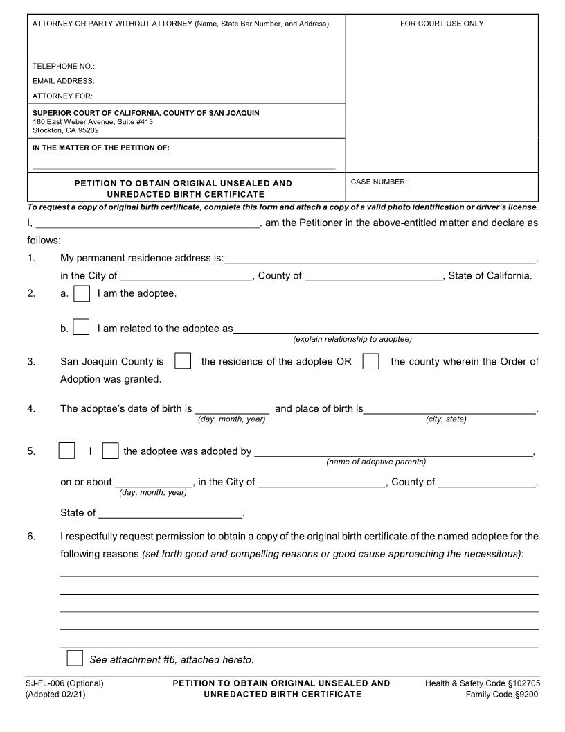 Petition To Obtain Original Unsealed And Unredacted Birth Certificate {SJ-FL-006} | Pdf Fpdf Docx | California