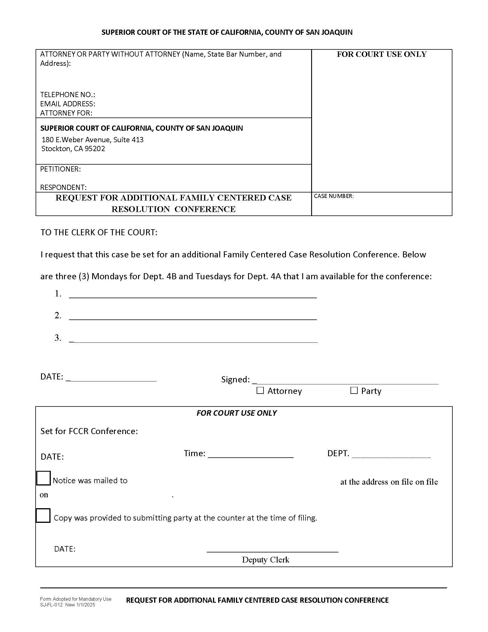 Request For Additional Family Centered Case Resolution Conference {SJFL-012} | Pdf Fpdf Docx | California