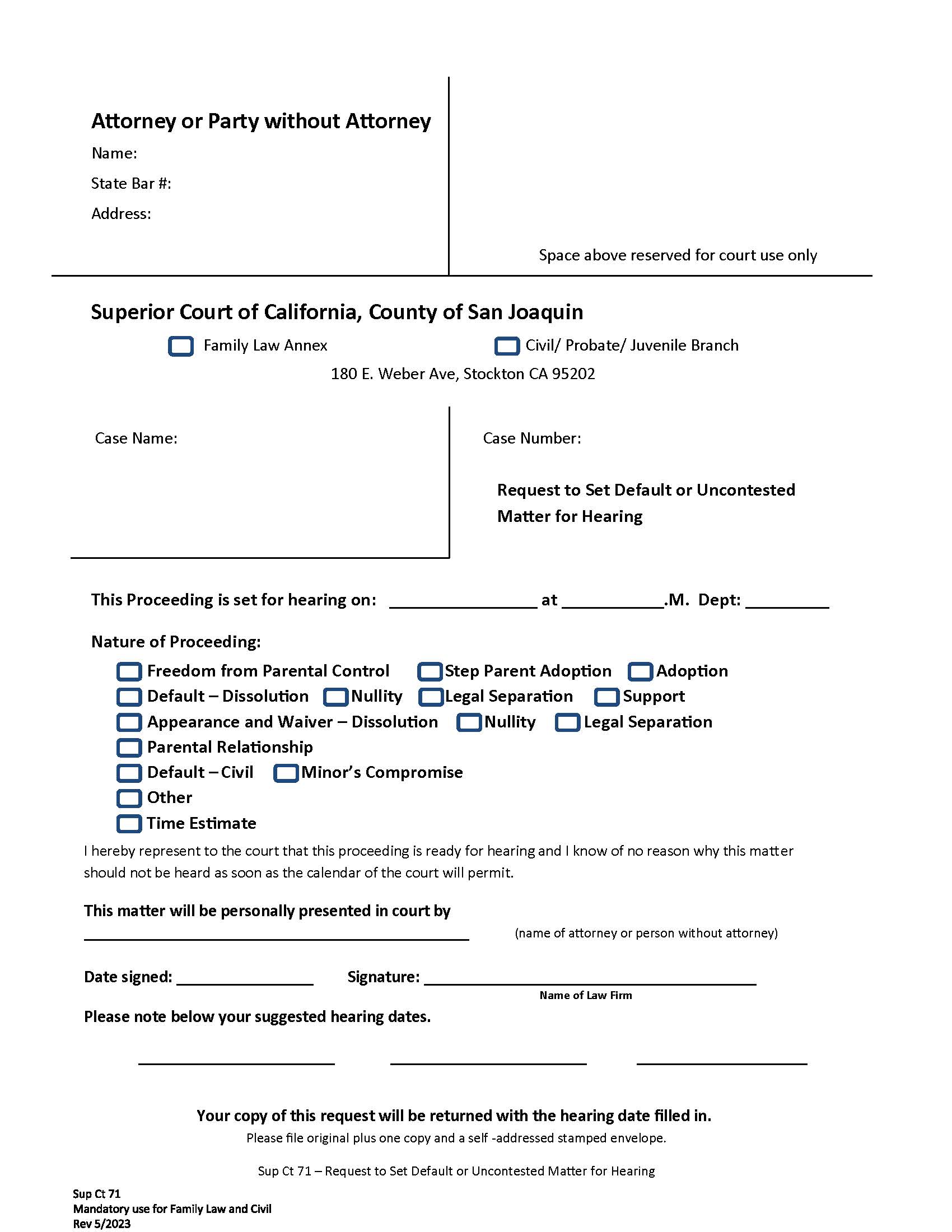 Request To Set Default Or Uncontested Matter For Hearing {Sup. Ct. 71} | Pdf Fpdf Docx | California