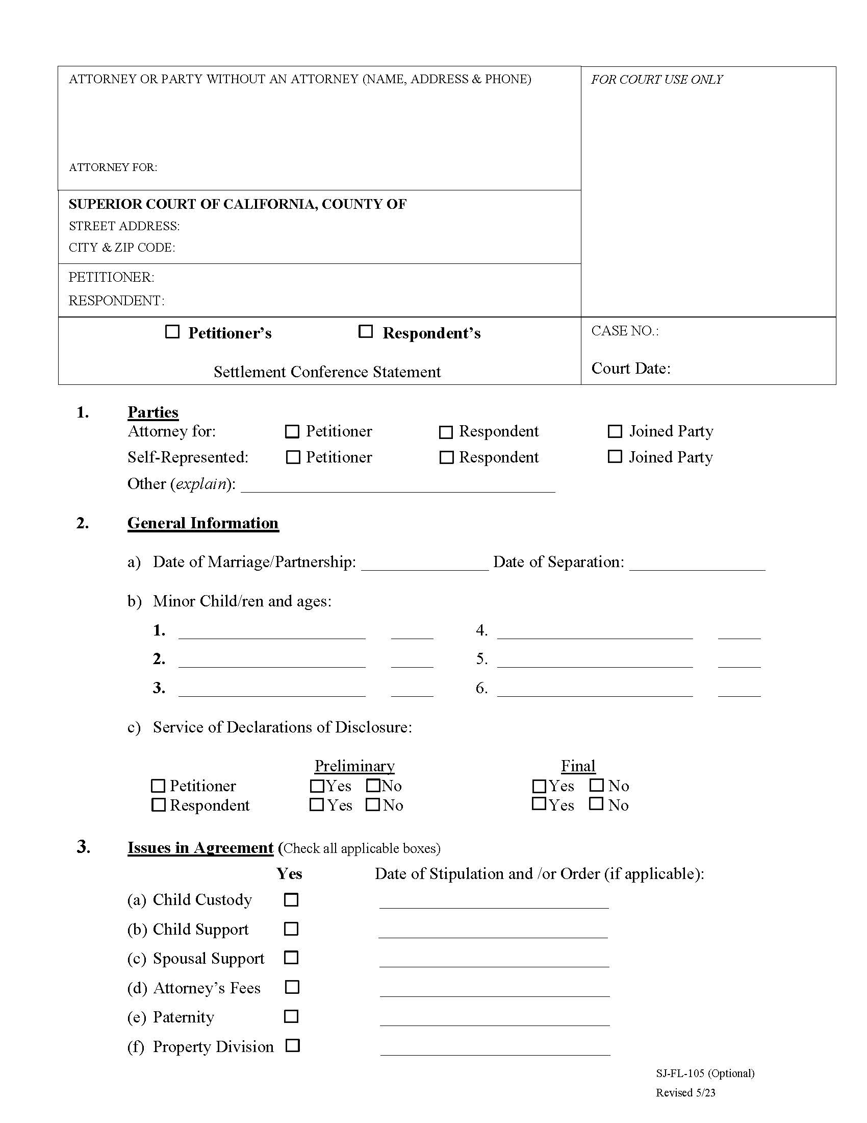 Settlement Conference Statement {SJ-FL-105} | Pdf Fpdf Docx | California