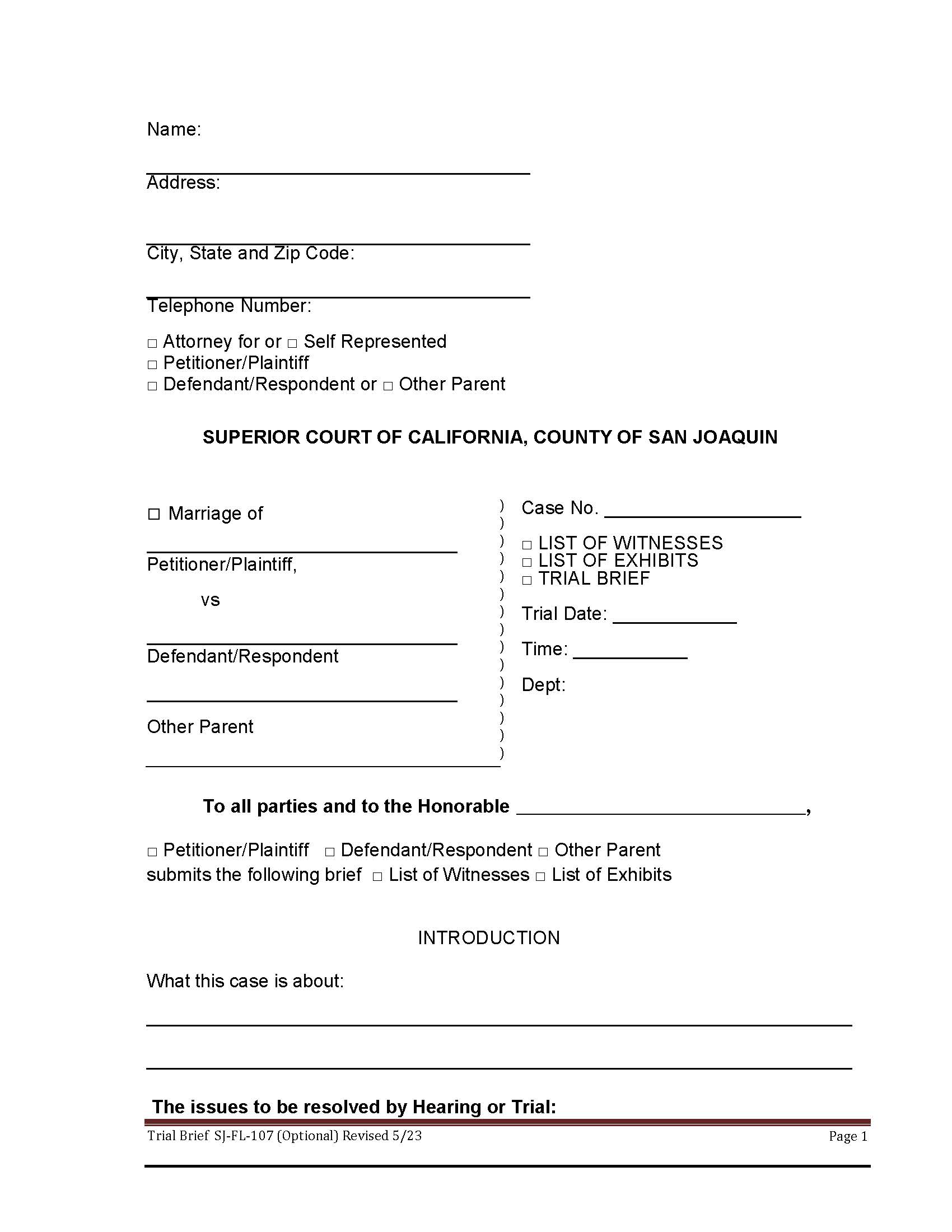 Trial Brief {SJ-FL-107} | Pdf Fpdf Docx | California