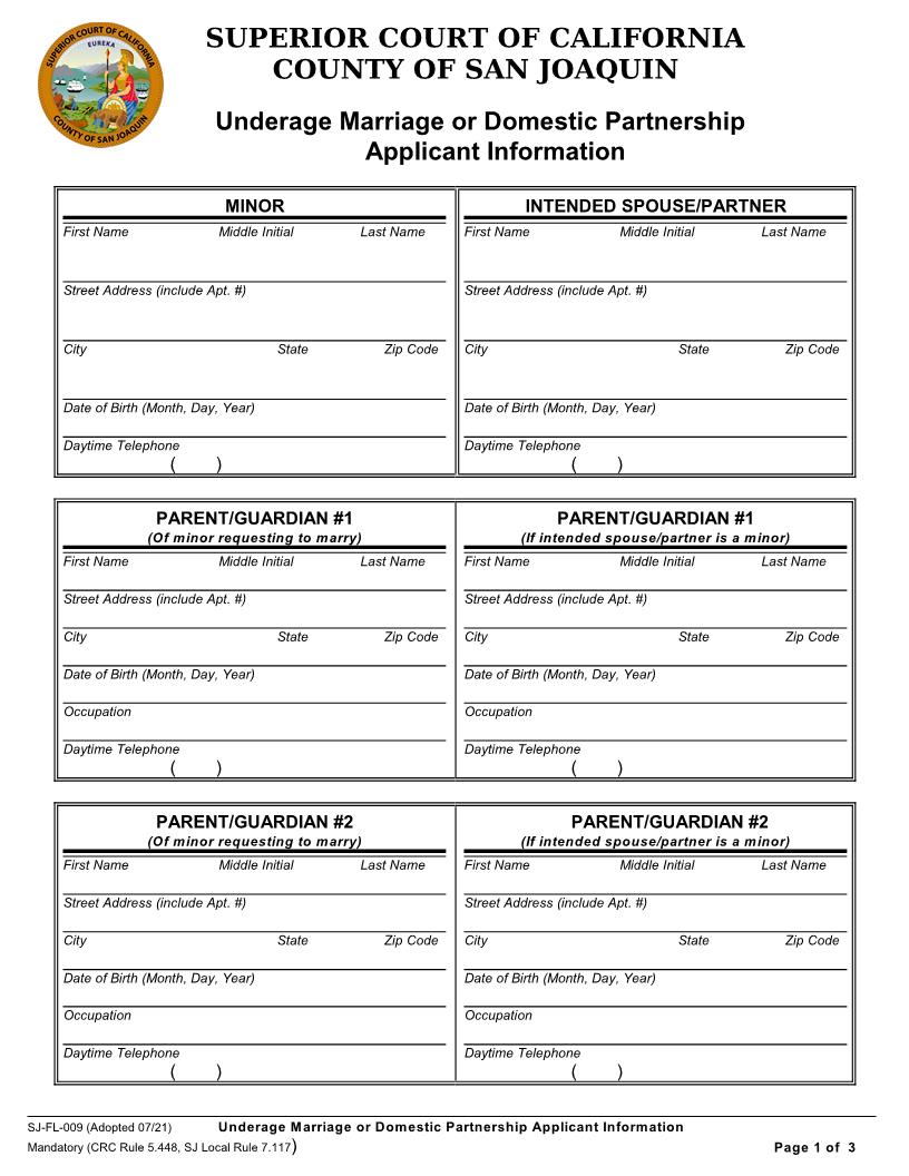Underage Marriage Or Domestic Partnership Applicant Information {SJ-FL-009} | Pdf Fpdf Docx | California