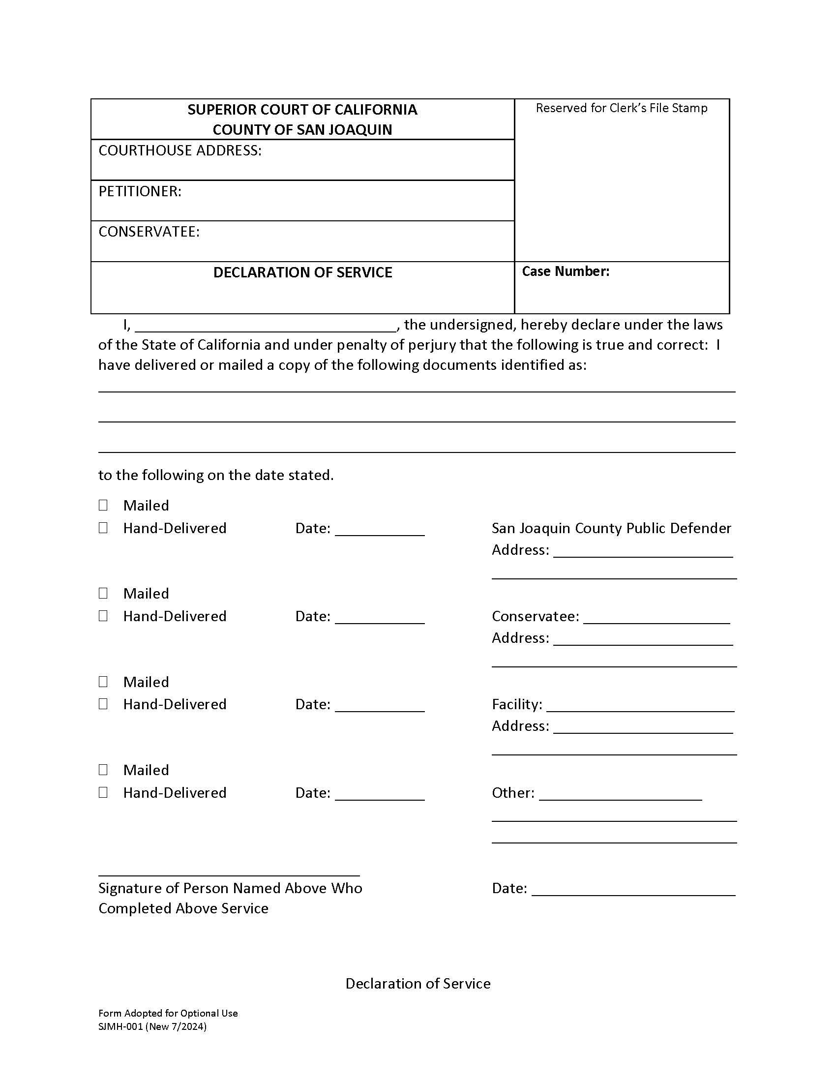 Declaration Of Service {SJMH-001} | Pdf Fpdf Docx | California