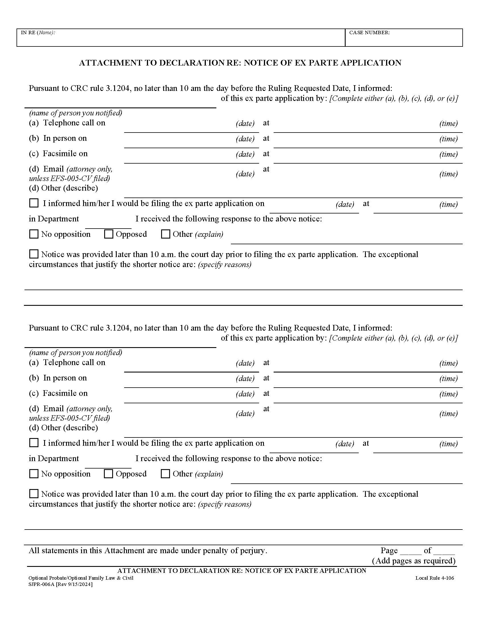 Attachment To Declaration Re Notice Of Ex Parte Application {SJPR-006A} | Pdf Fpdf Docx | California