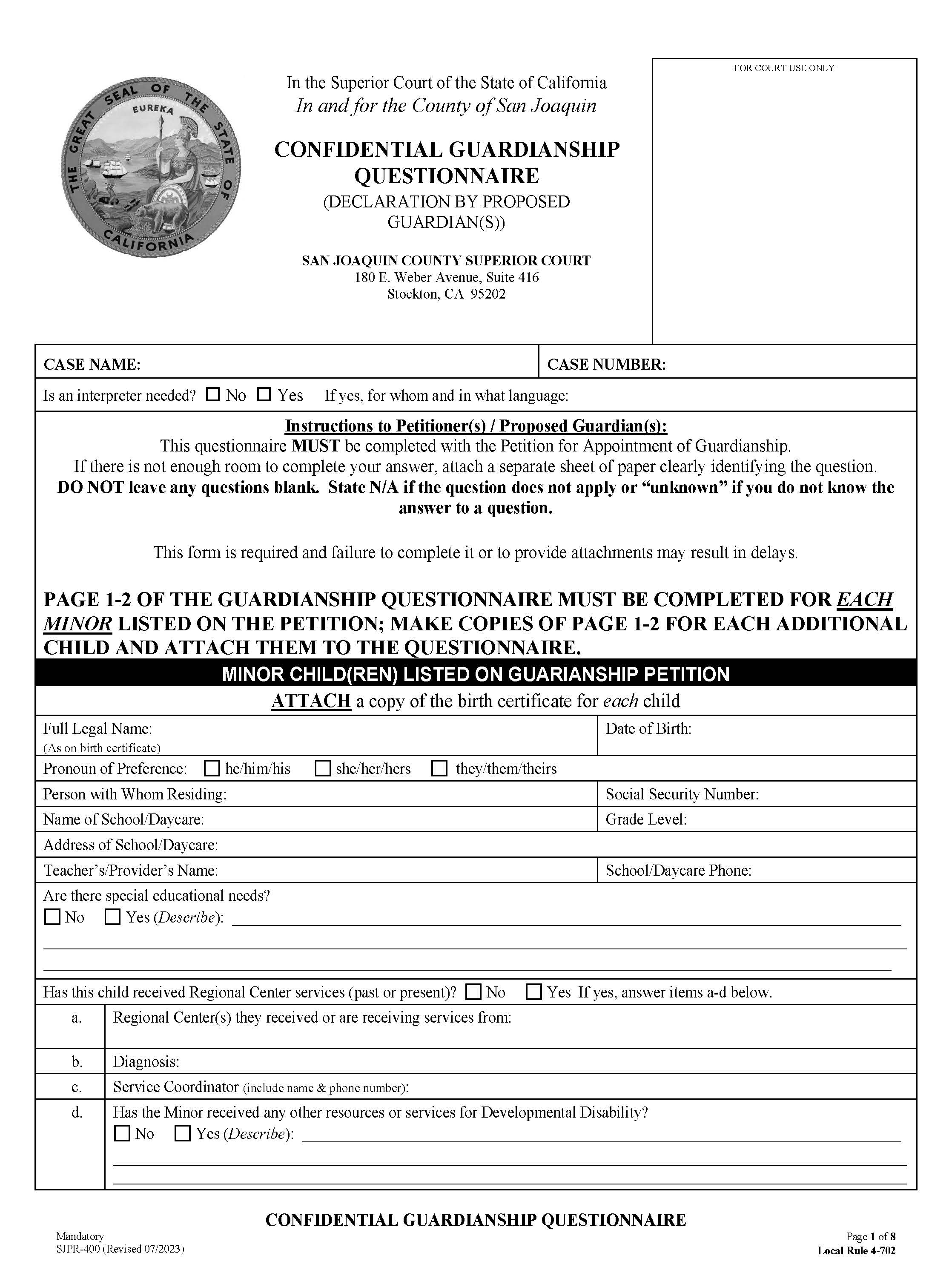 Confidential Guardianship Questionnaire {SJPR-400} | Pdf Fpdf Docx | California