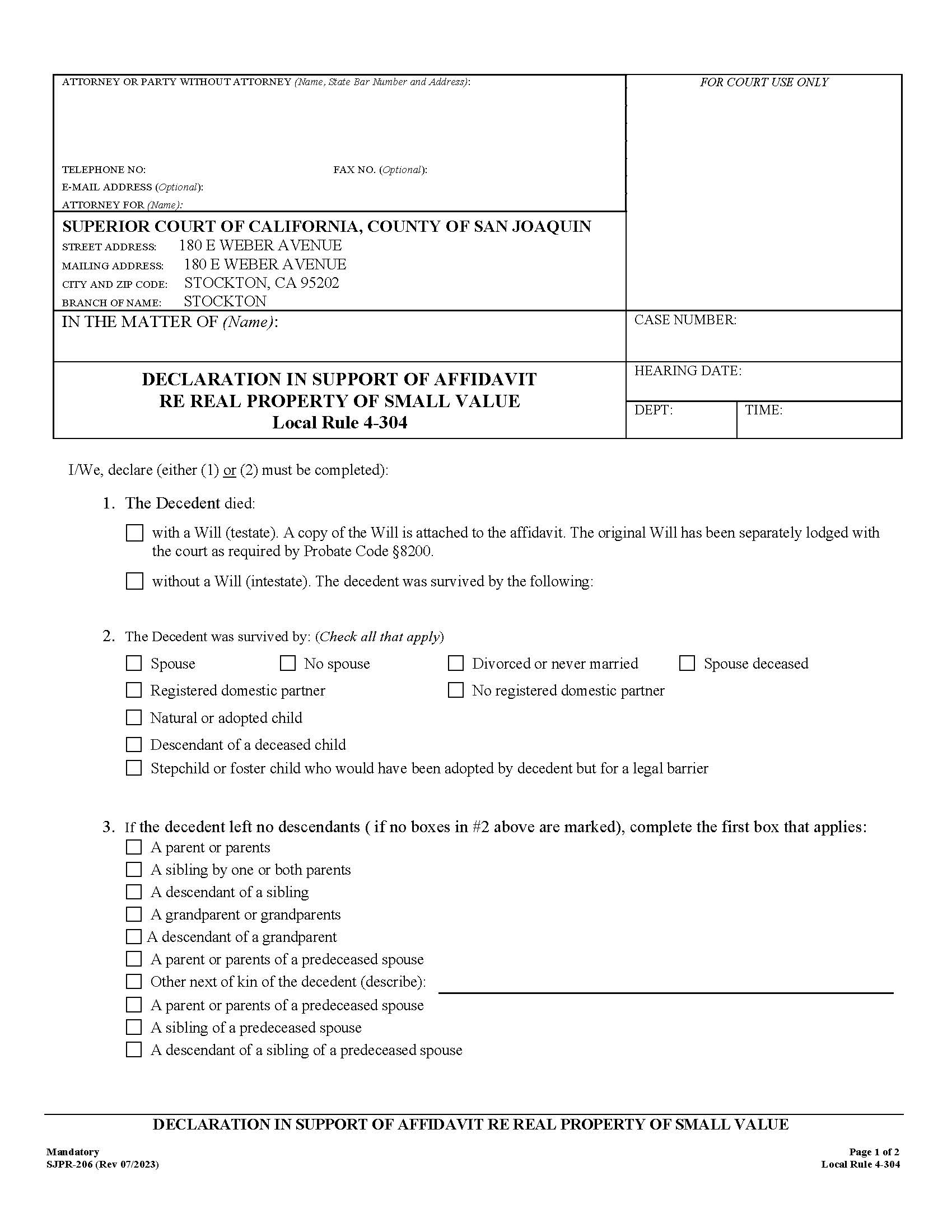 Declaration In Support Of Affidavit {SJPR-206} | Pdf Fpdf Docx | California