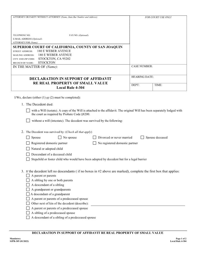 Declaration In Support Of Affidavit Re Real Property Of Small Value {SJPR-305} | Pdf Fpdf Docx | California