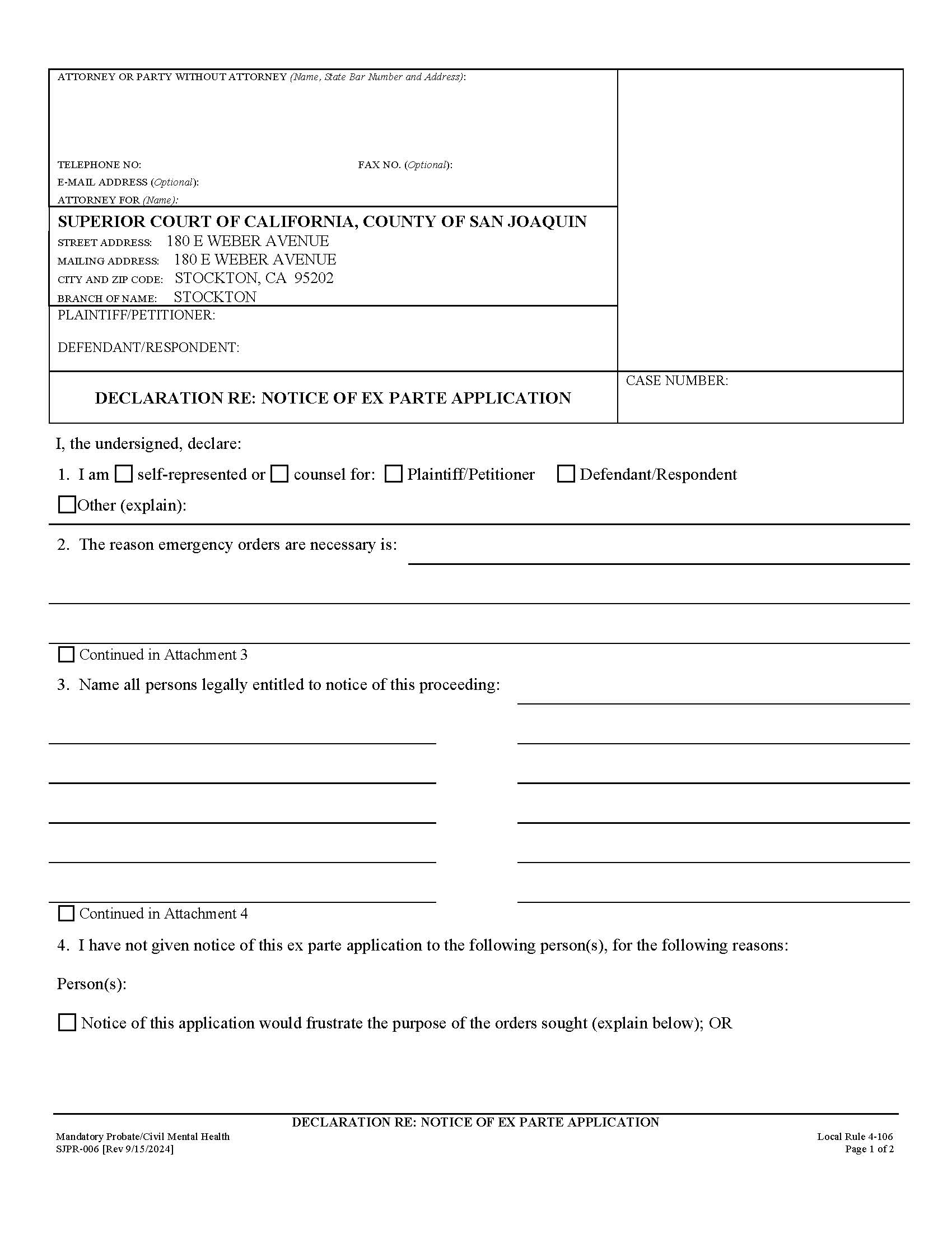 Declaration Re Notice Of Ext Parte Application {SJPR-006} | Pdf Fpdf Docx | California